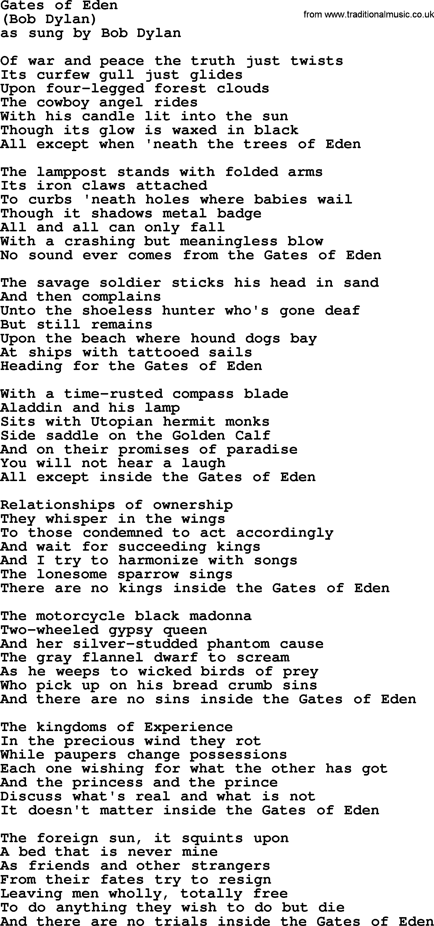 The Byrds song Gates Of Eden, lyrics
