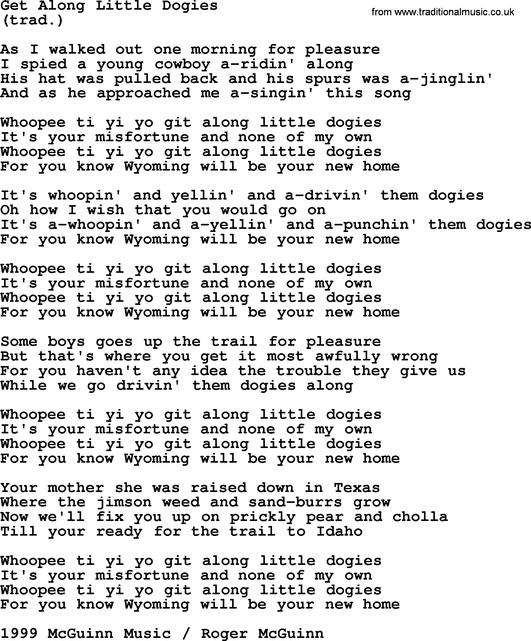 The Byrds song Get Along Little Dogies, lyrics