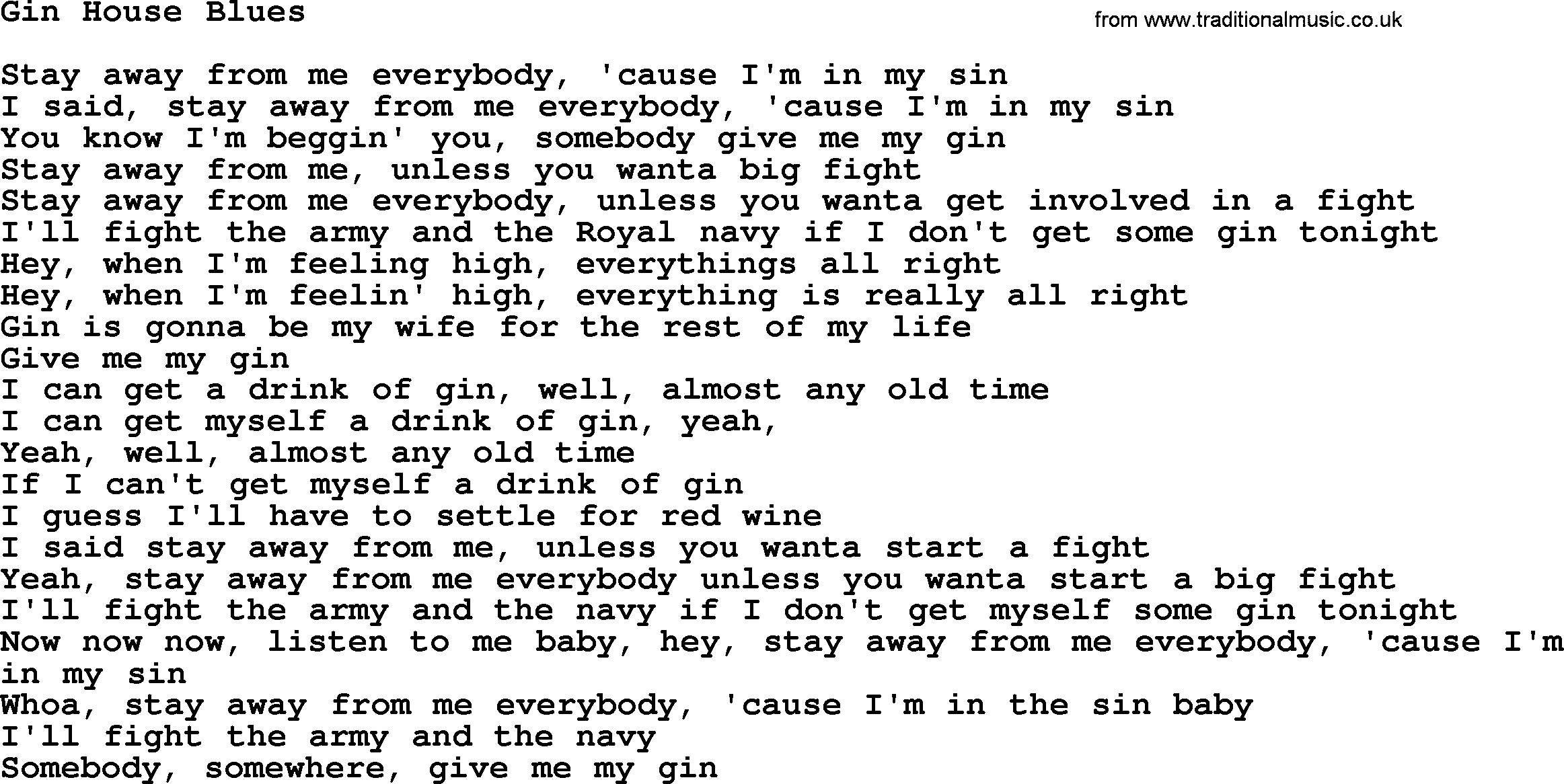The Byrds song Gin House Blues, lyrics