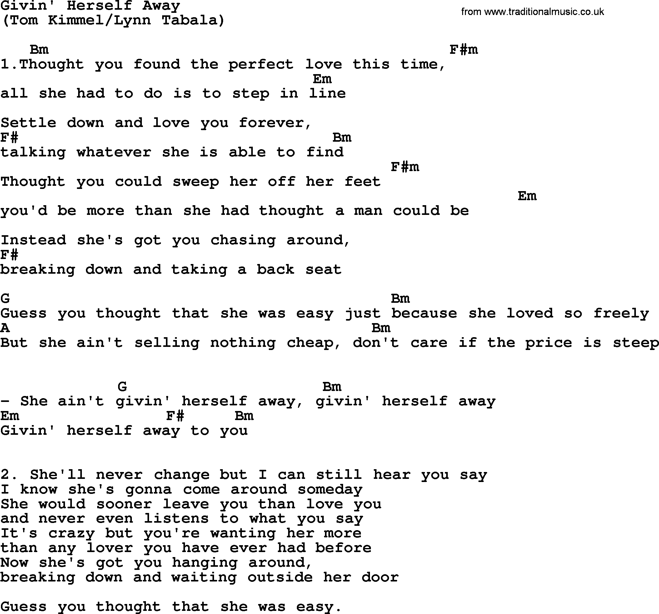 The Byrds song Givin' Herself Away, lyrics and chords