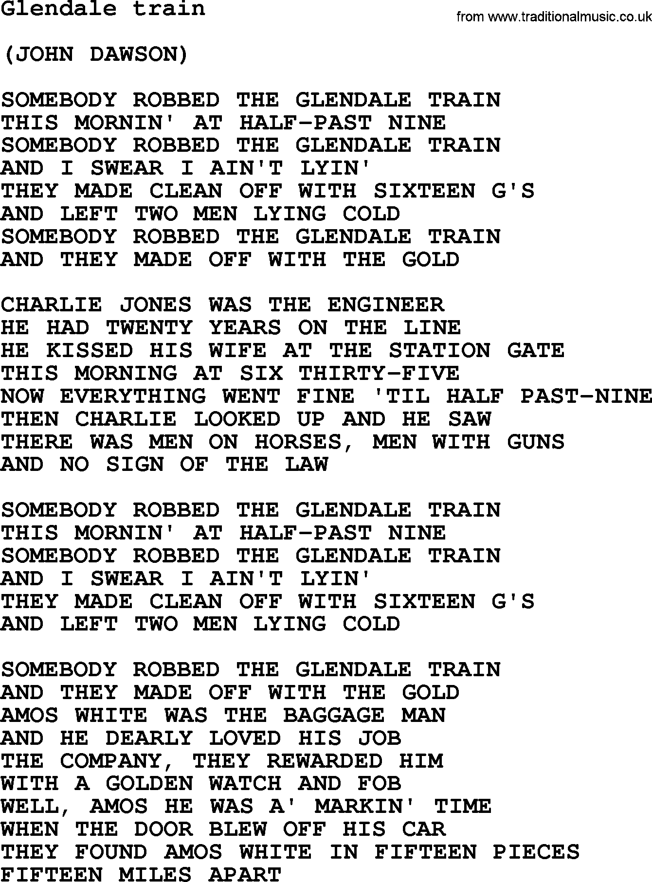 The Byrds song Glendale Train, lyrics