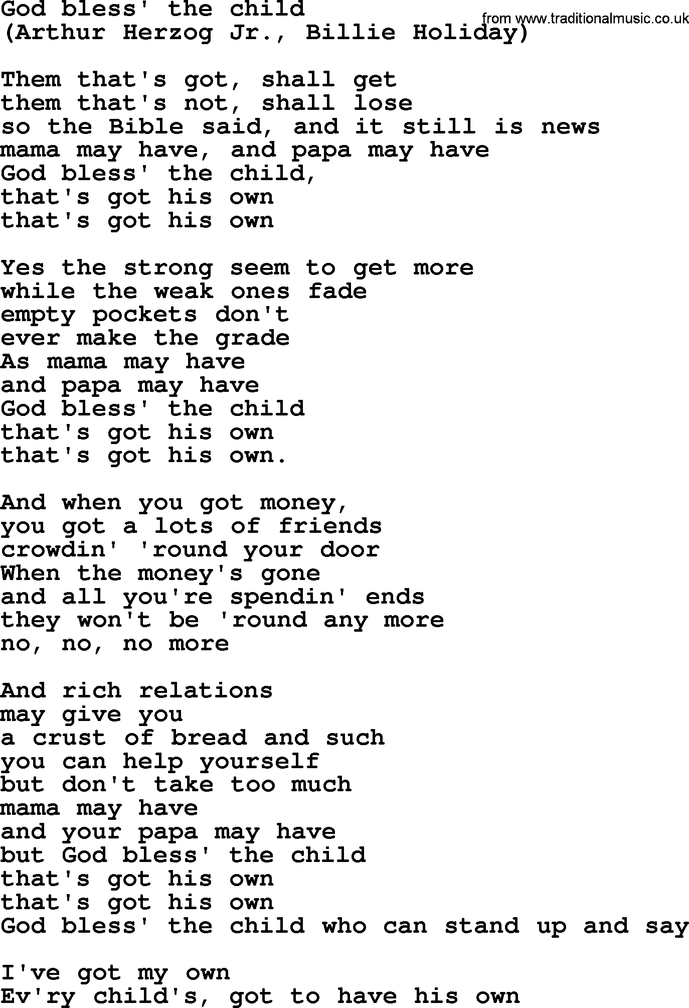 The Byrds song God Bless' The Child, lyrics