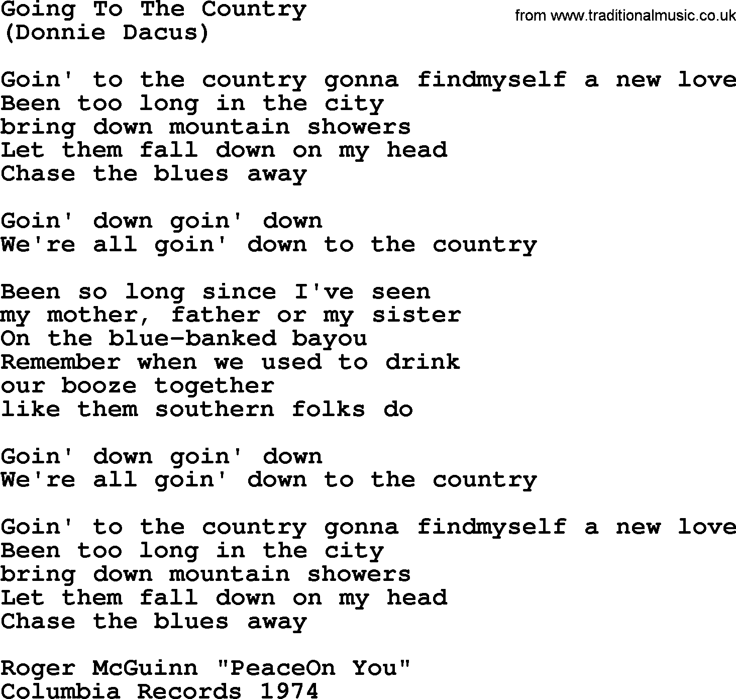 The Byrds song Going To The Country, lyrics