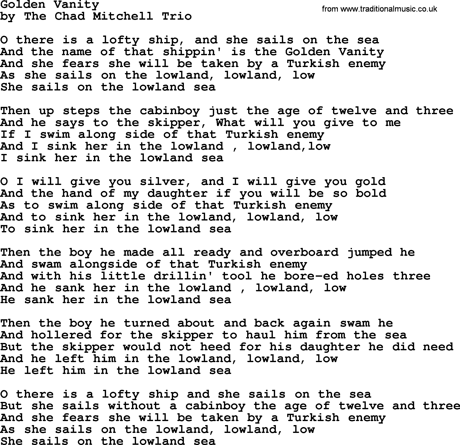 The Byrds song Golden Vanity, lyrics