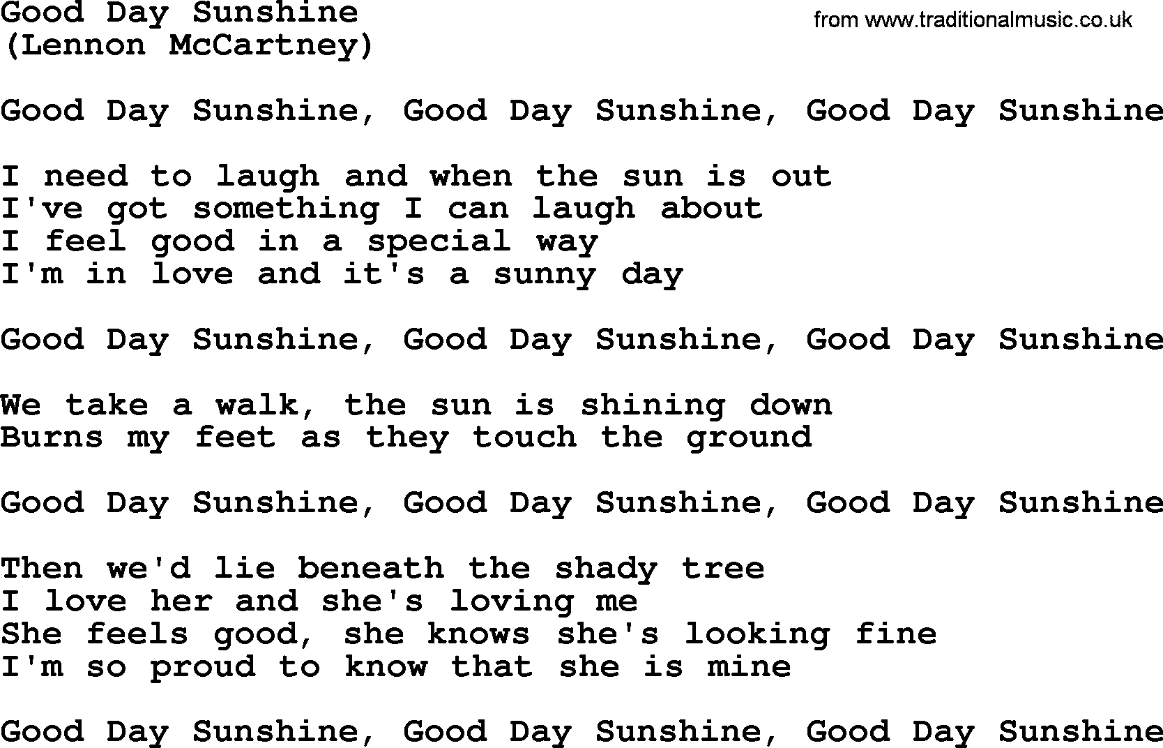 The Byrds song Good Day Sunshine, lyrics