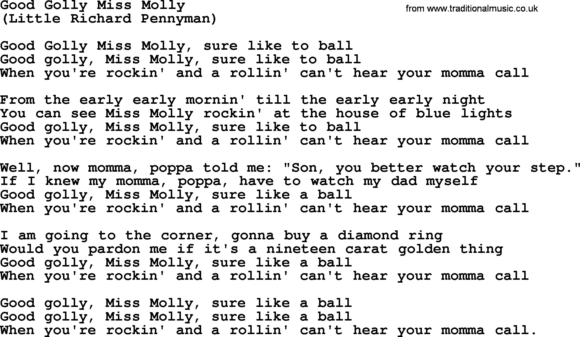 The Byrds song Good Golly Miss Molly, lyrics