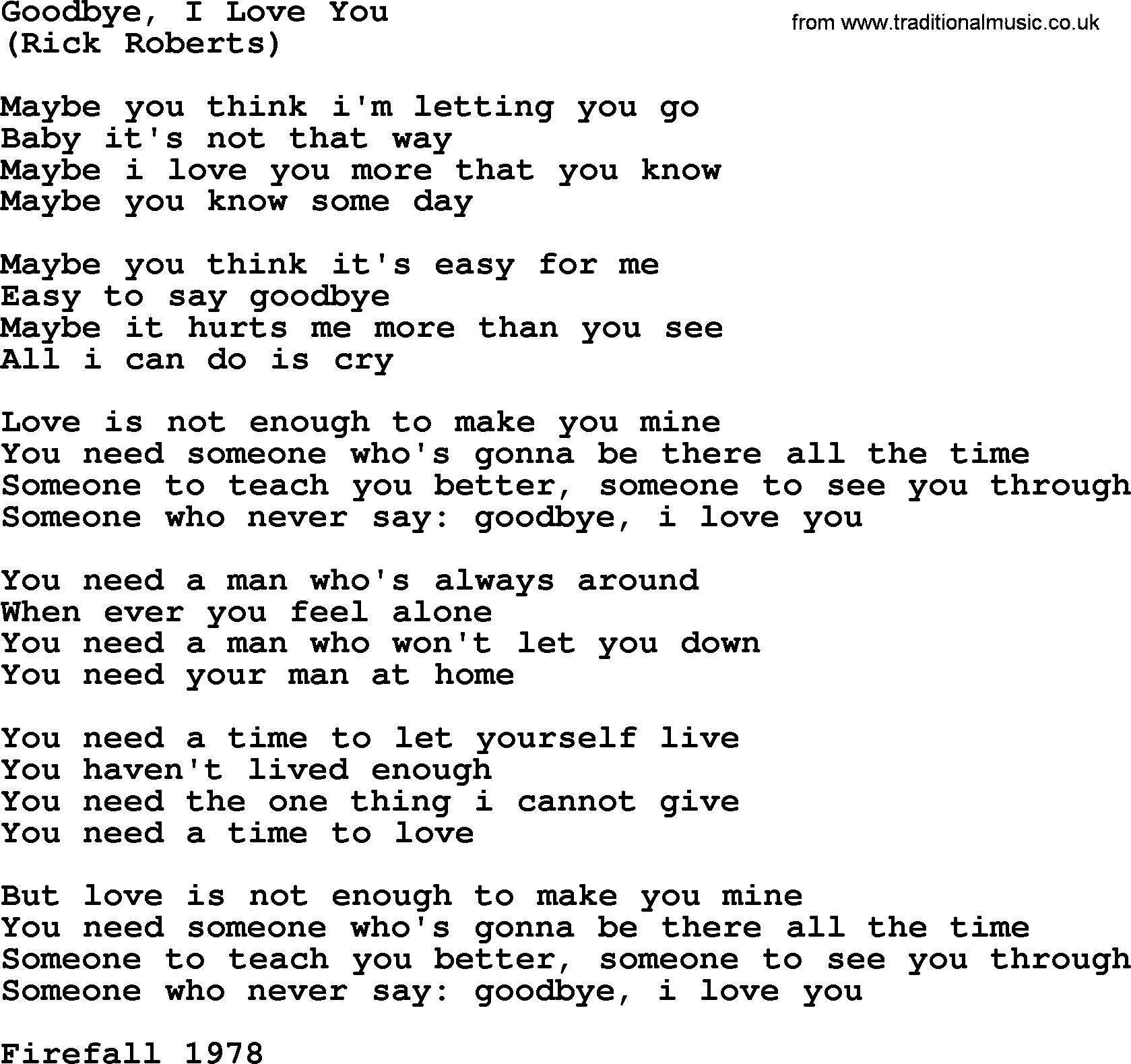 The Byrds song Goodbye, I Love You, lyrics