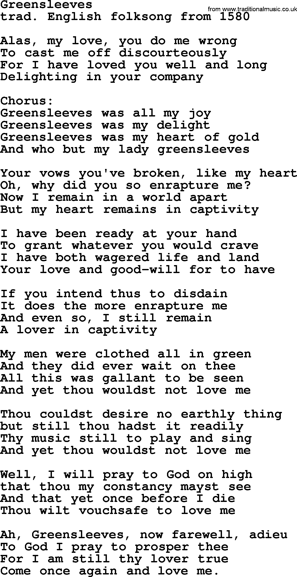 The Byrds song Greensleeves, lyrics