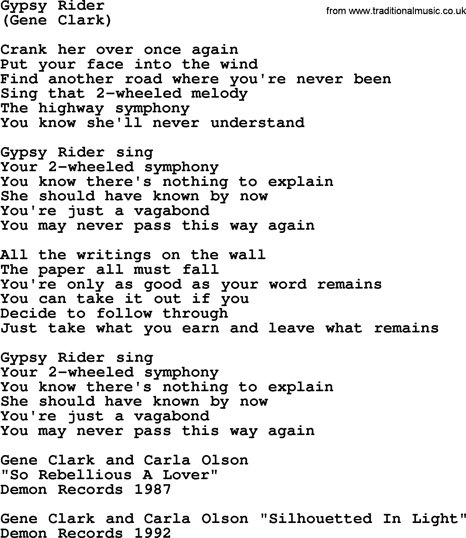 The Byrds song Gypsy Rider, lyrics