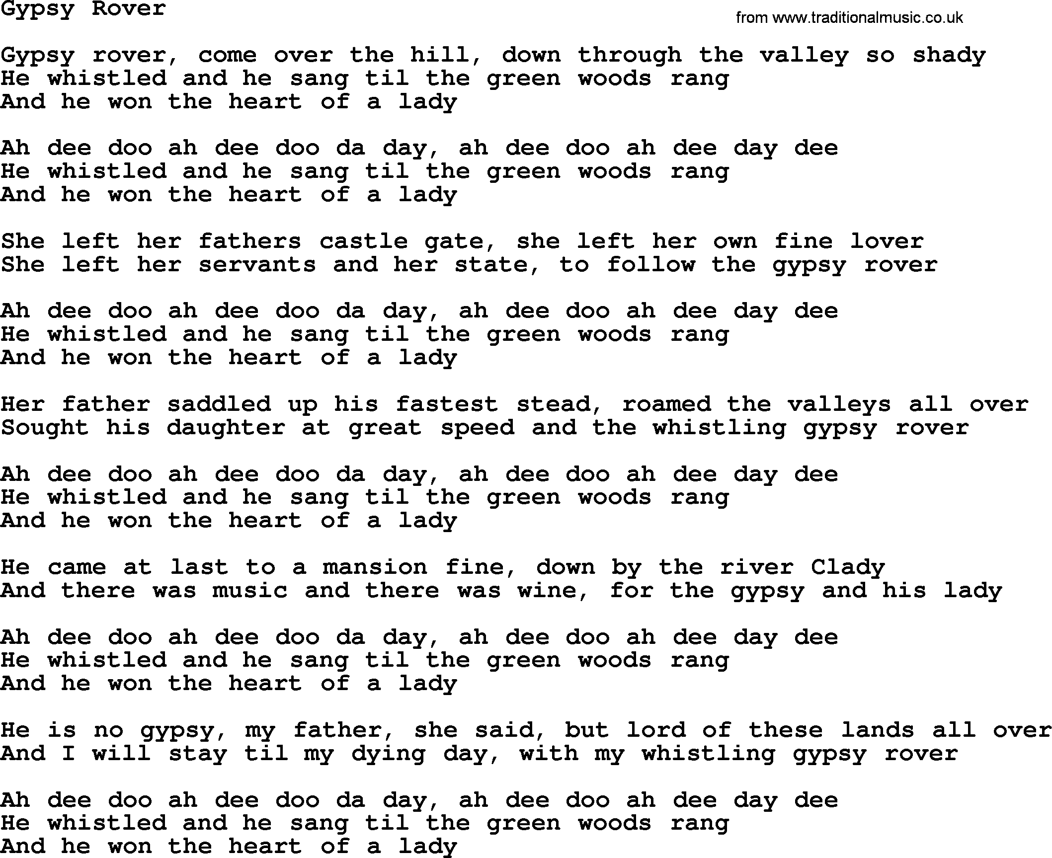 The Byrds song Gypsy Rover, lyrics