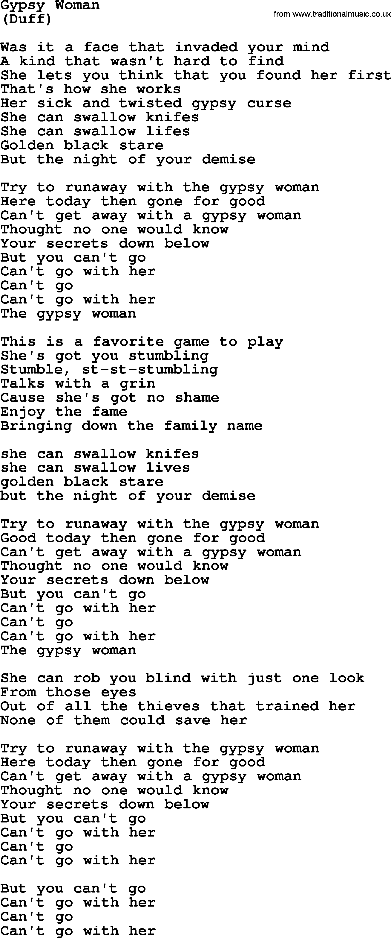 The Byrds song Gypsy Woman, lyrics
