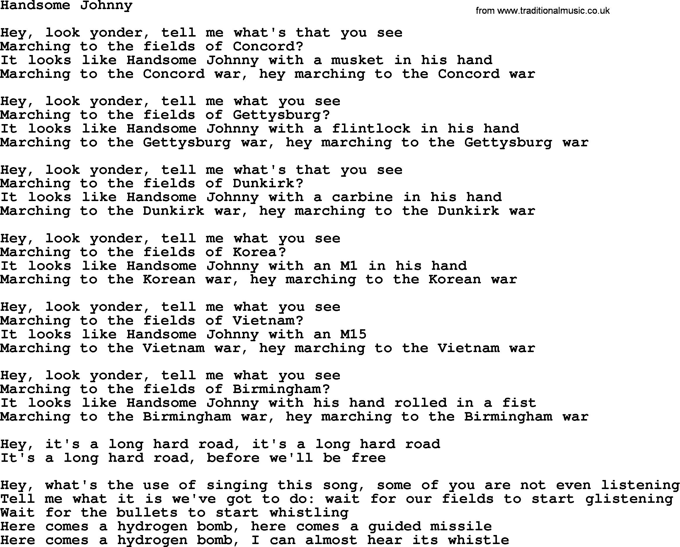 The Byrds song Handsome Johnny, lyrics