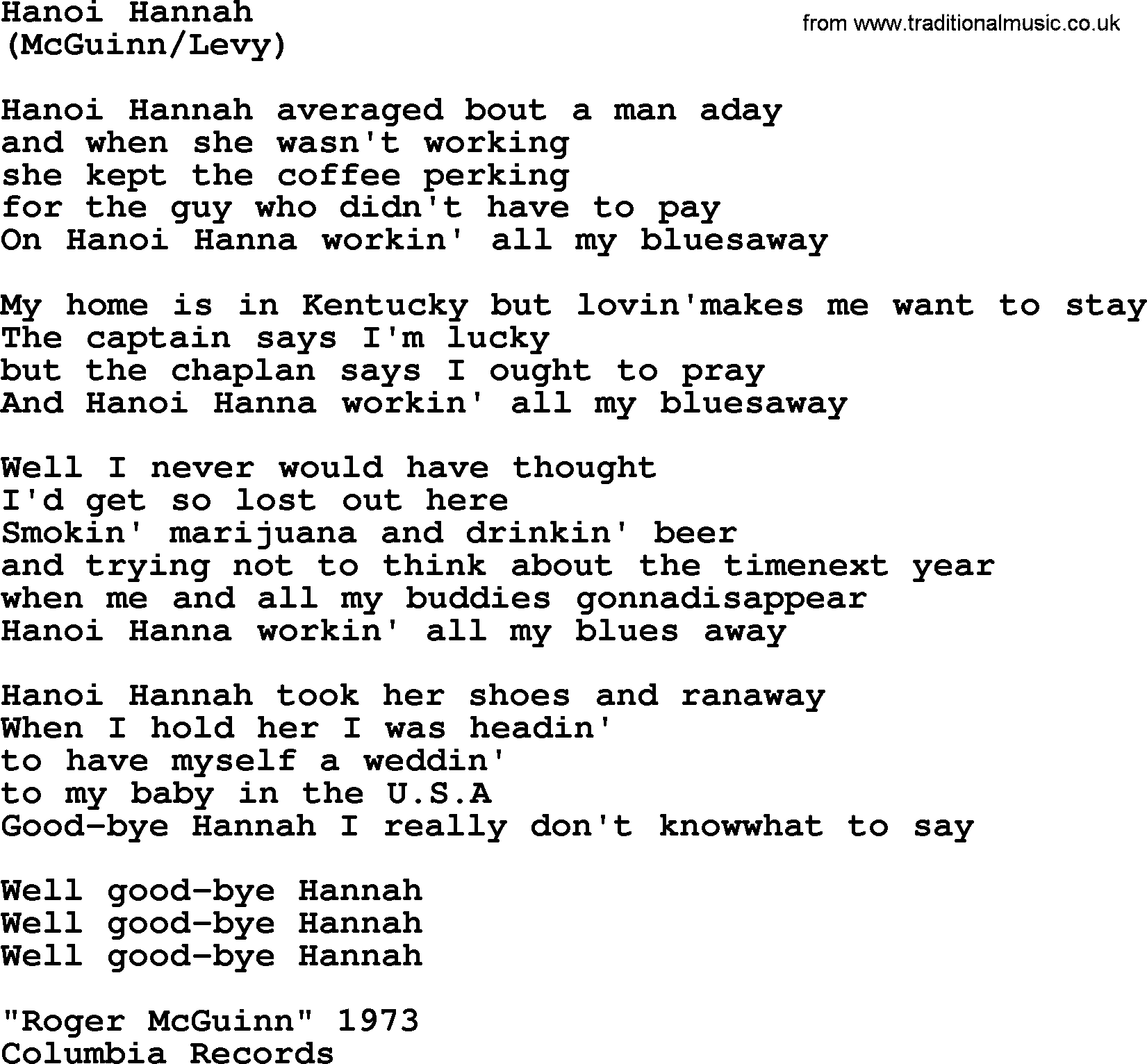 The Byrds song Hanoi Hannah, lyrics