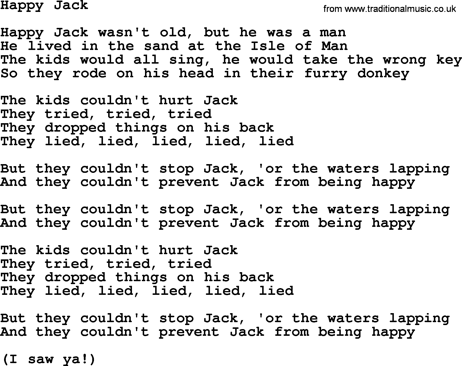 The Byrds song Happy Jack, lyrics