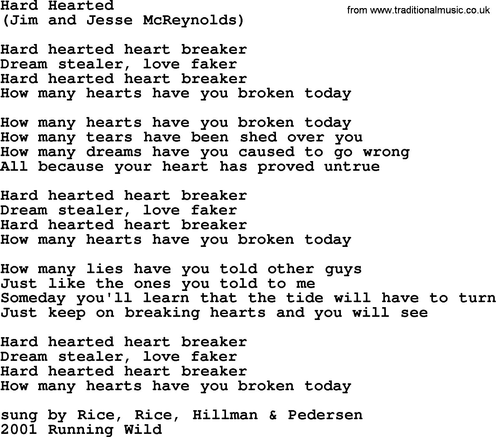 The Byrds song Hard Hearted, lyrics