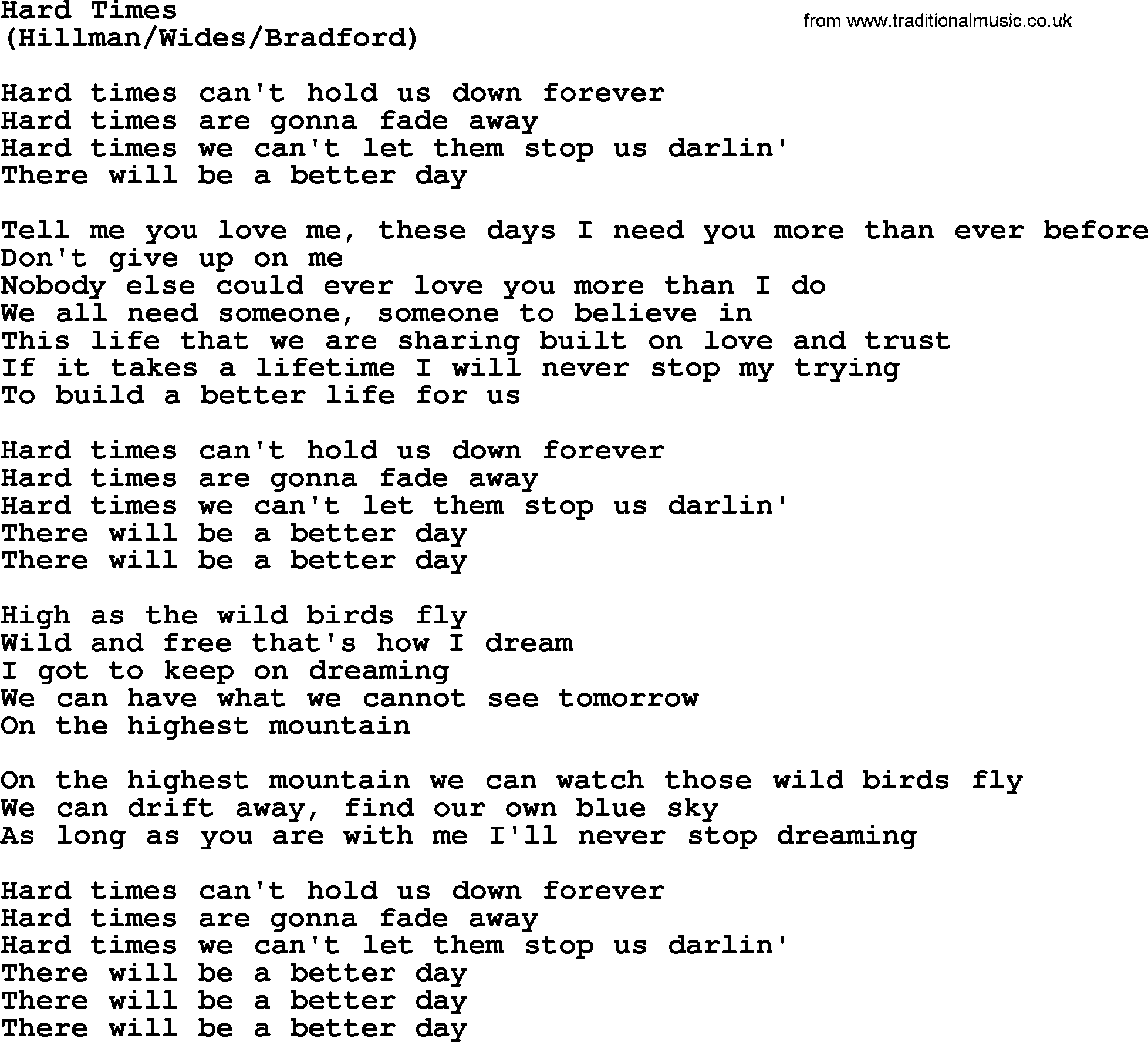 The Byrds song Hard Times, lyrics