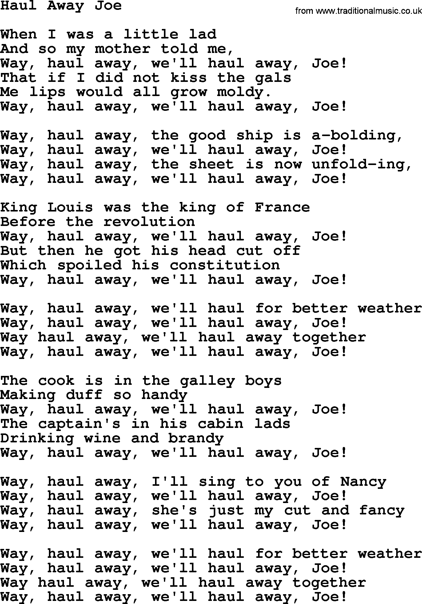 The Byrds song Haul Away Joe, lyrics