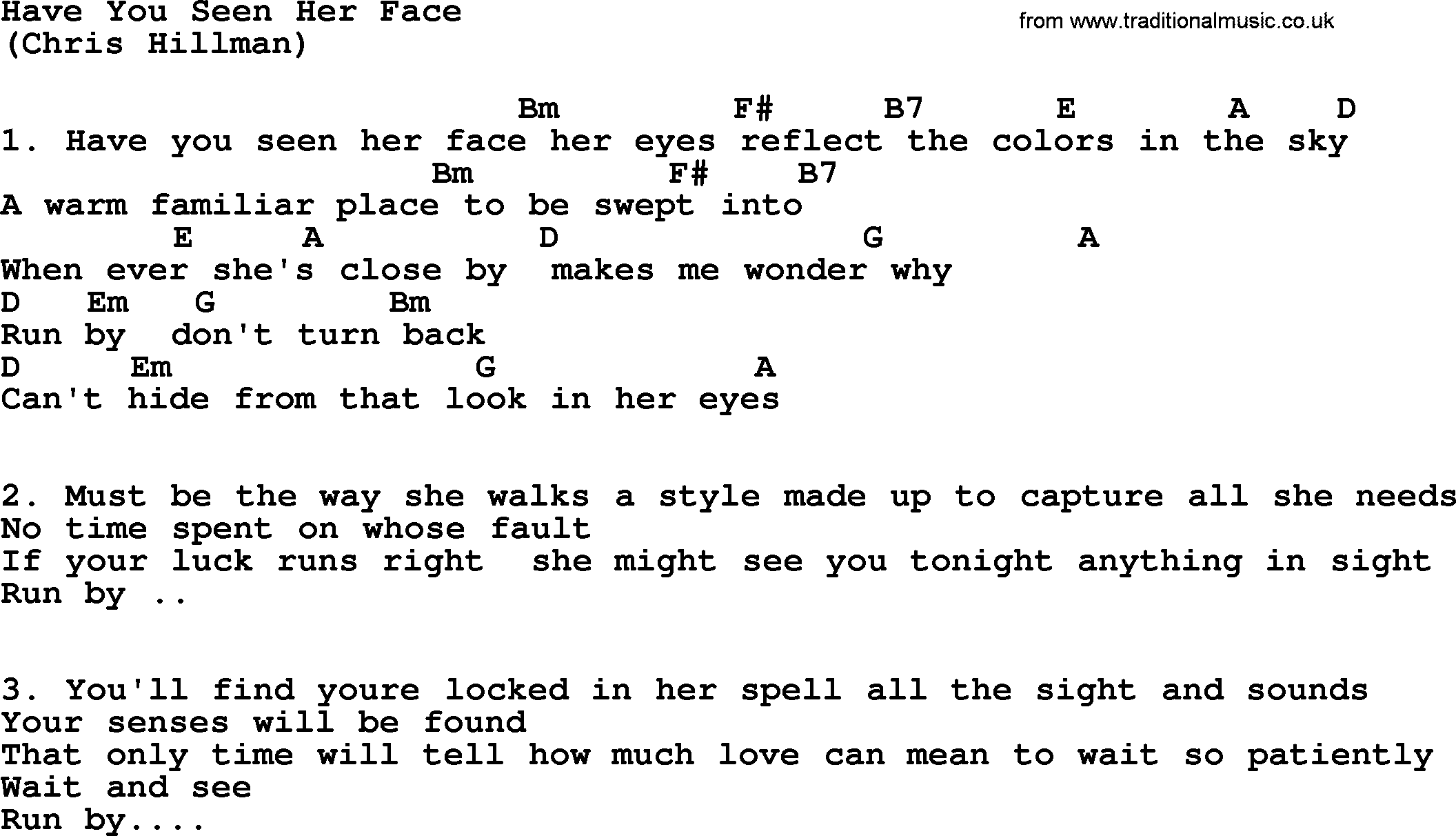 The Byrds song Have You Seen Her Face, lyrics and chords