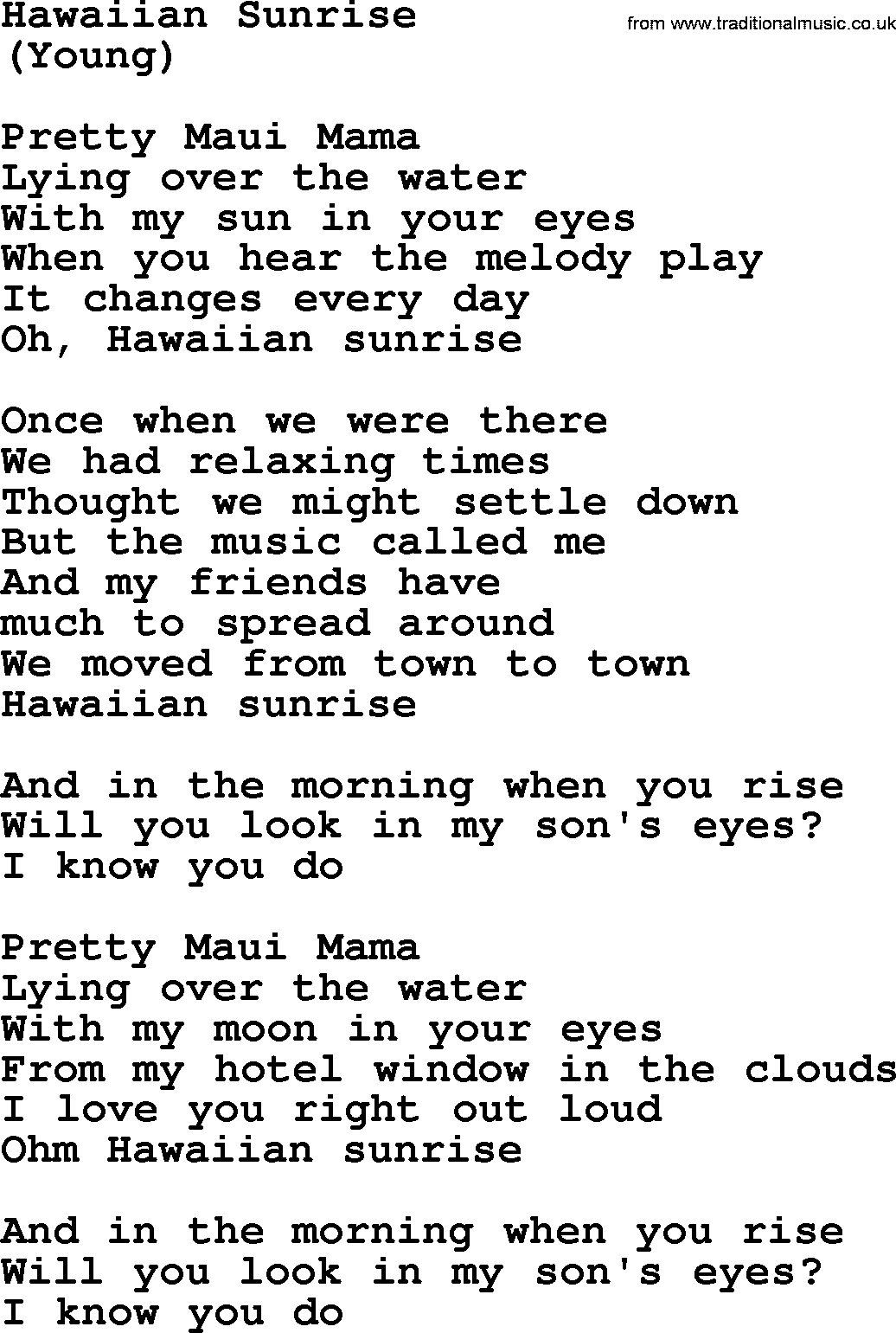 The Byrds song Hawaiian Sunrise, lyrics