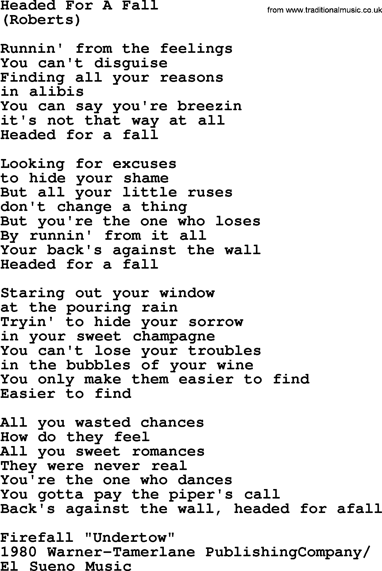 The Byrds song Headed For A Fall, lyrics