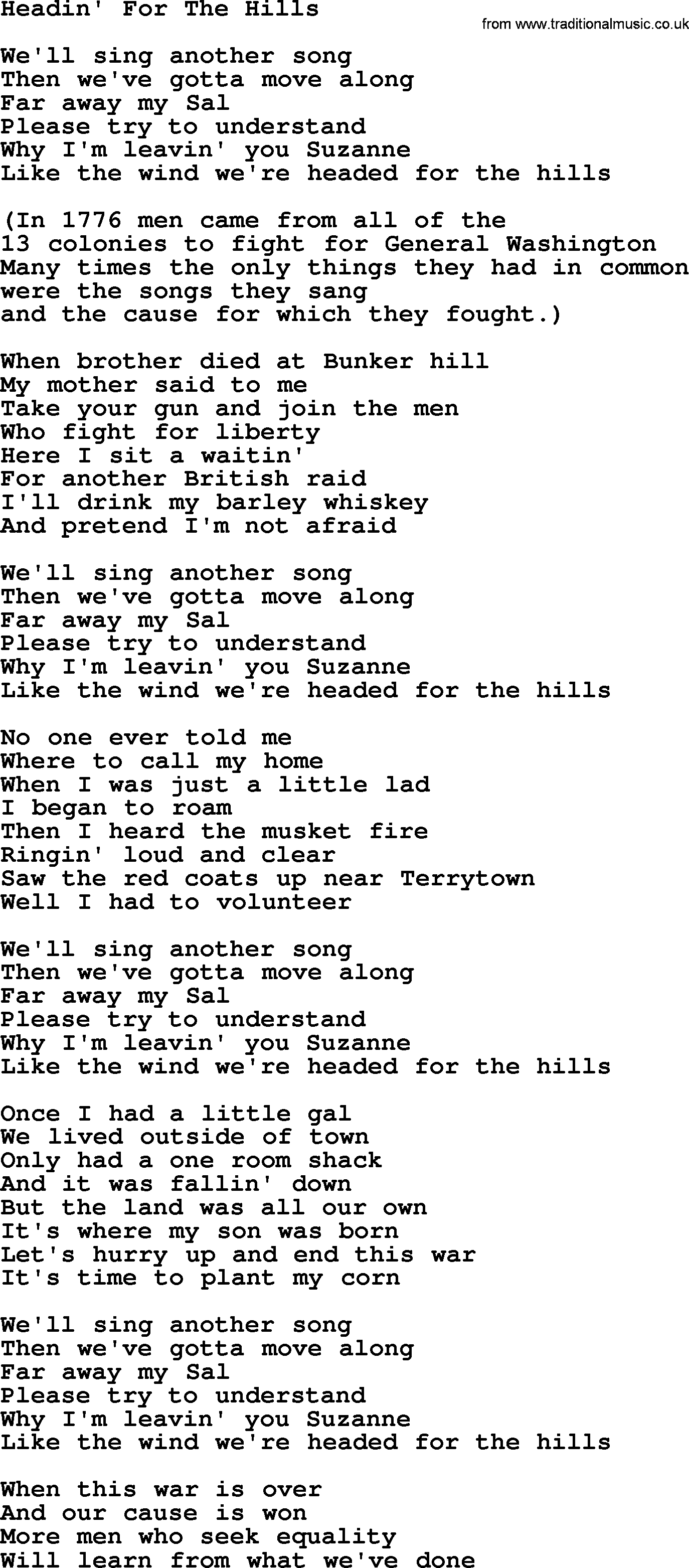 The Byrds song Headin' For The Hills, lyrics