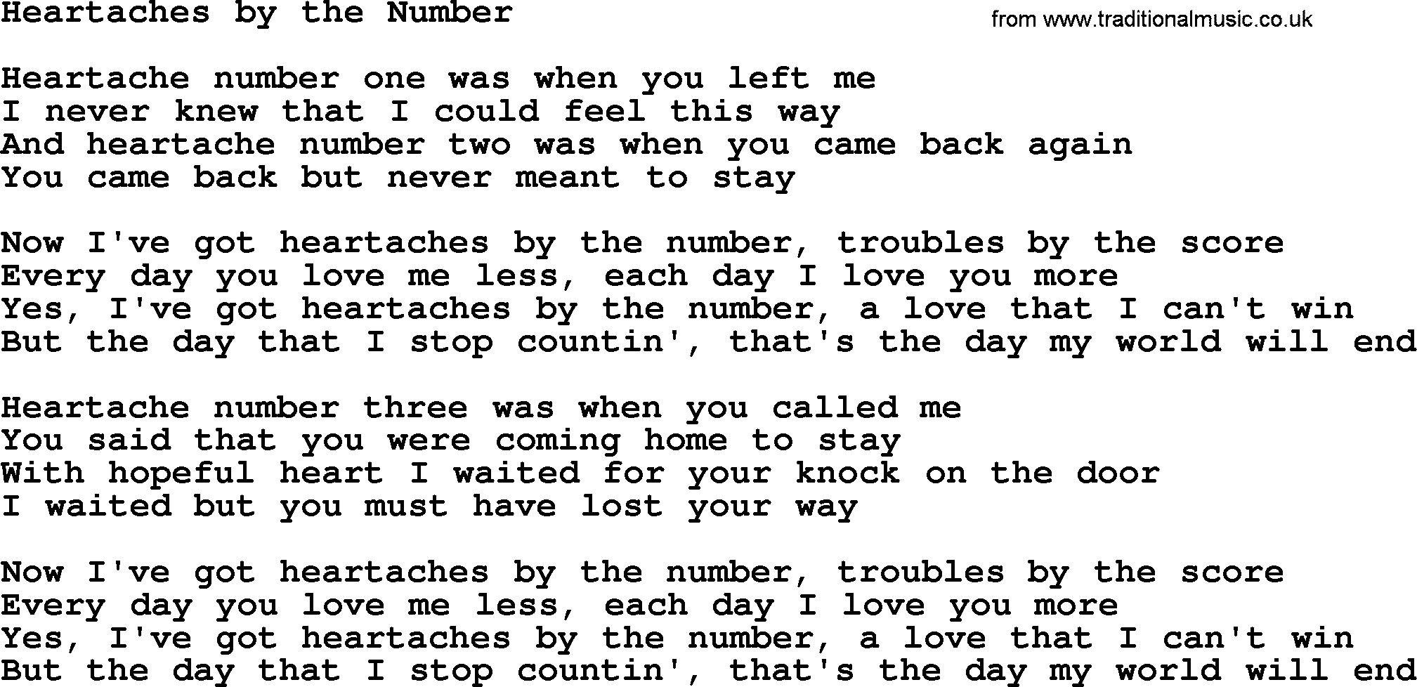 The Byrds song Heartaches By The Number, lyrics