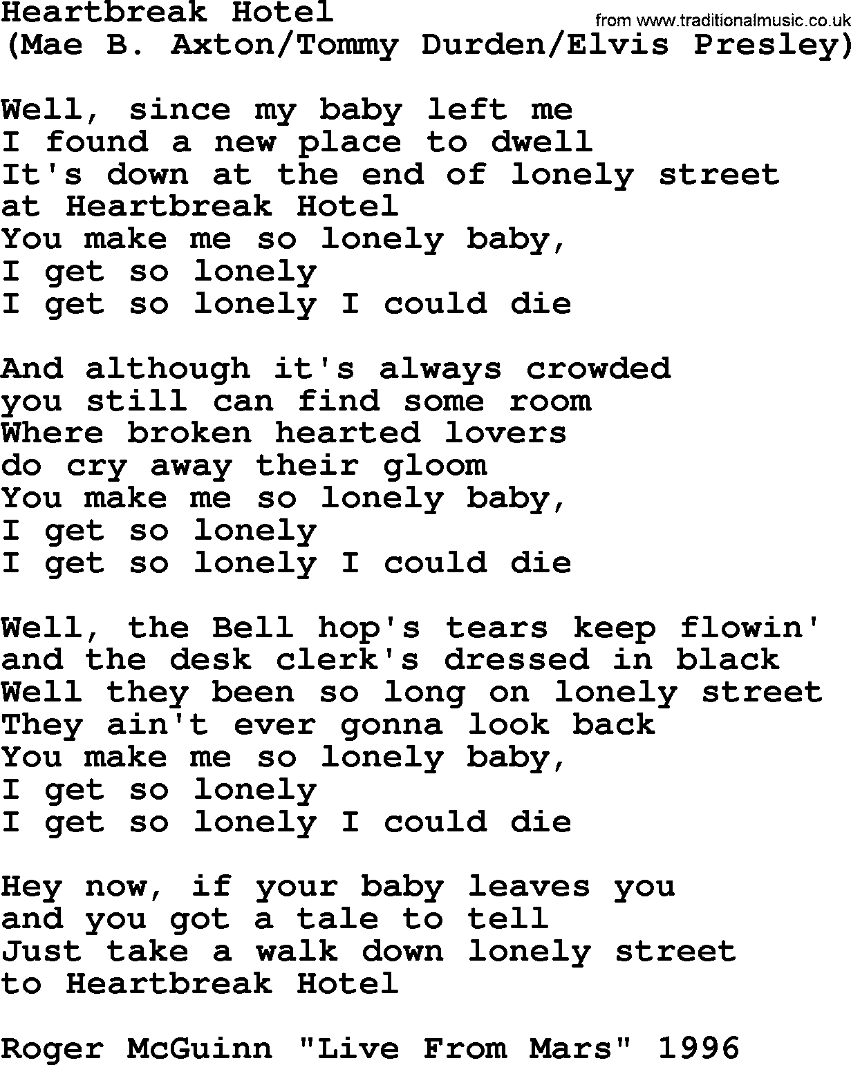 The Byrds song Heartbreak Hotel, lyrics