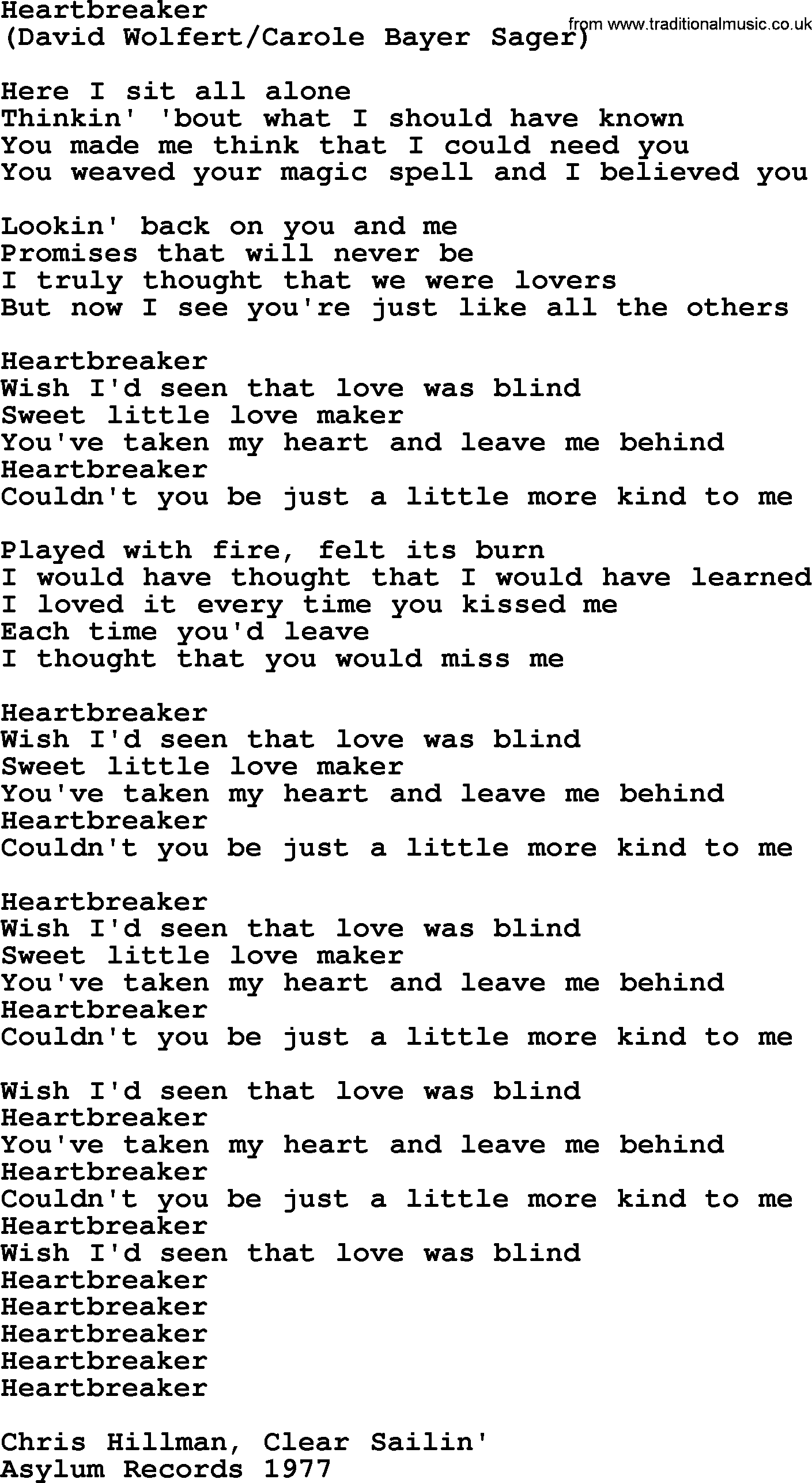 The Byrds song Heartbreaker, lyrics