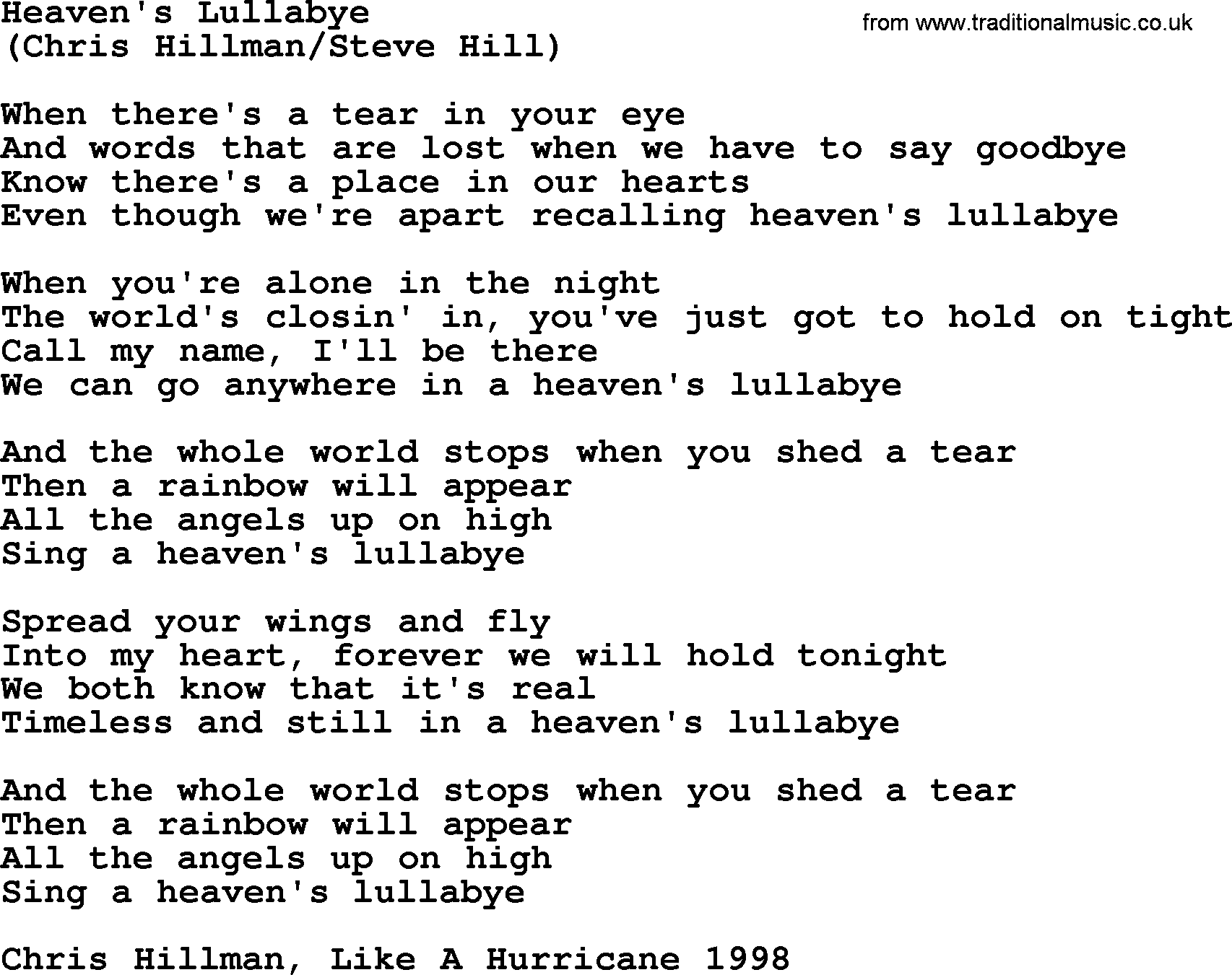 The Byrds song Heaven's Lullabye, lyrics