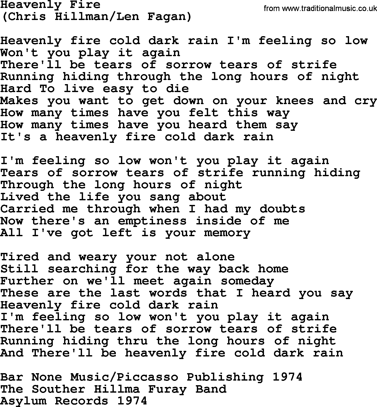 The Byrds song Heavenly Fire, lyrics