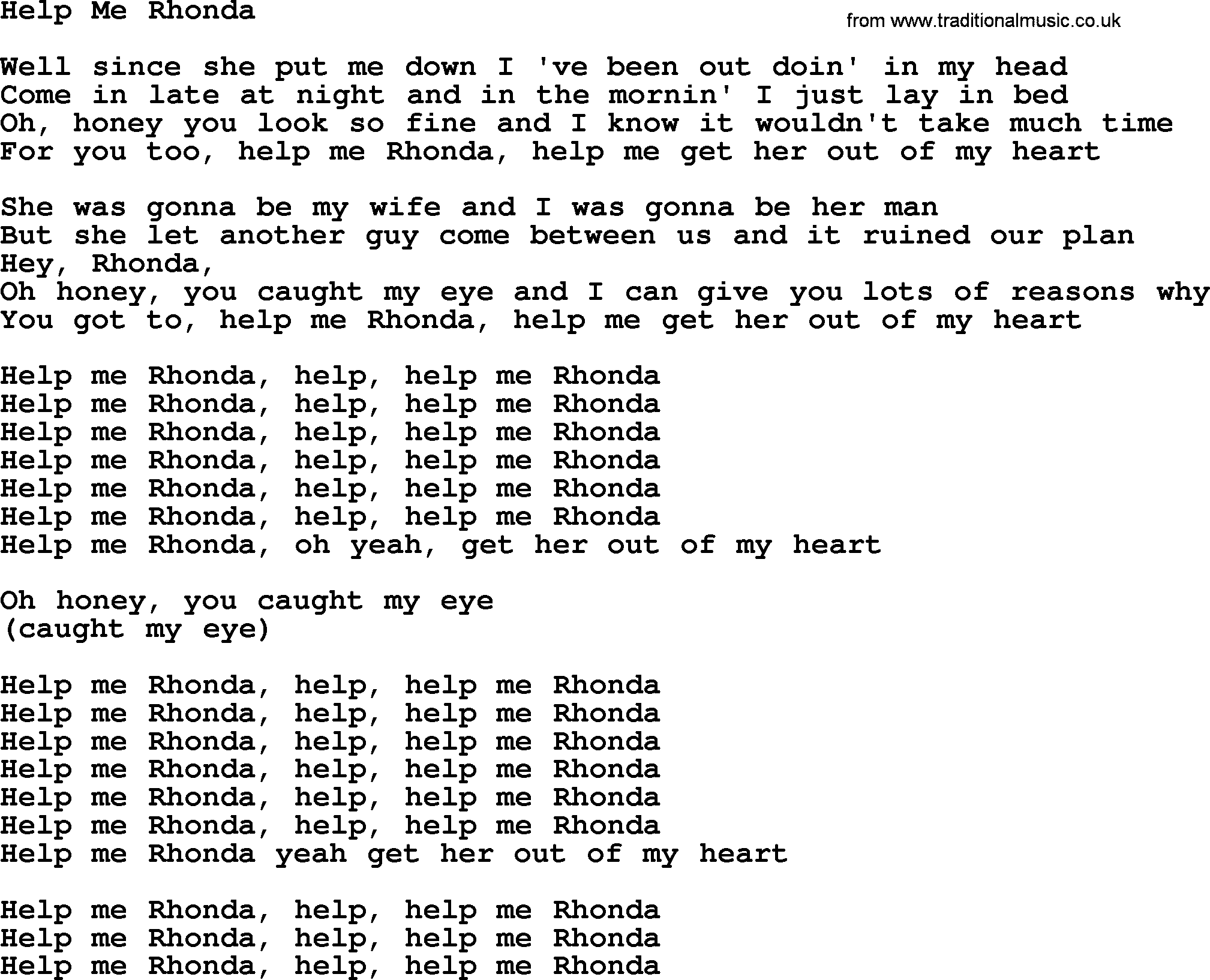 The Byrds song Help Me Rhonda, lyrics