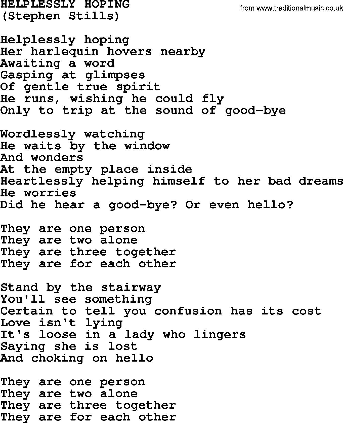 The Byrds song Helplessly Hoping, lyrics