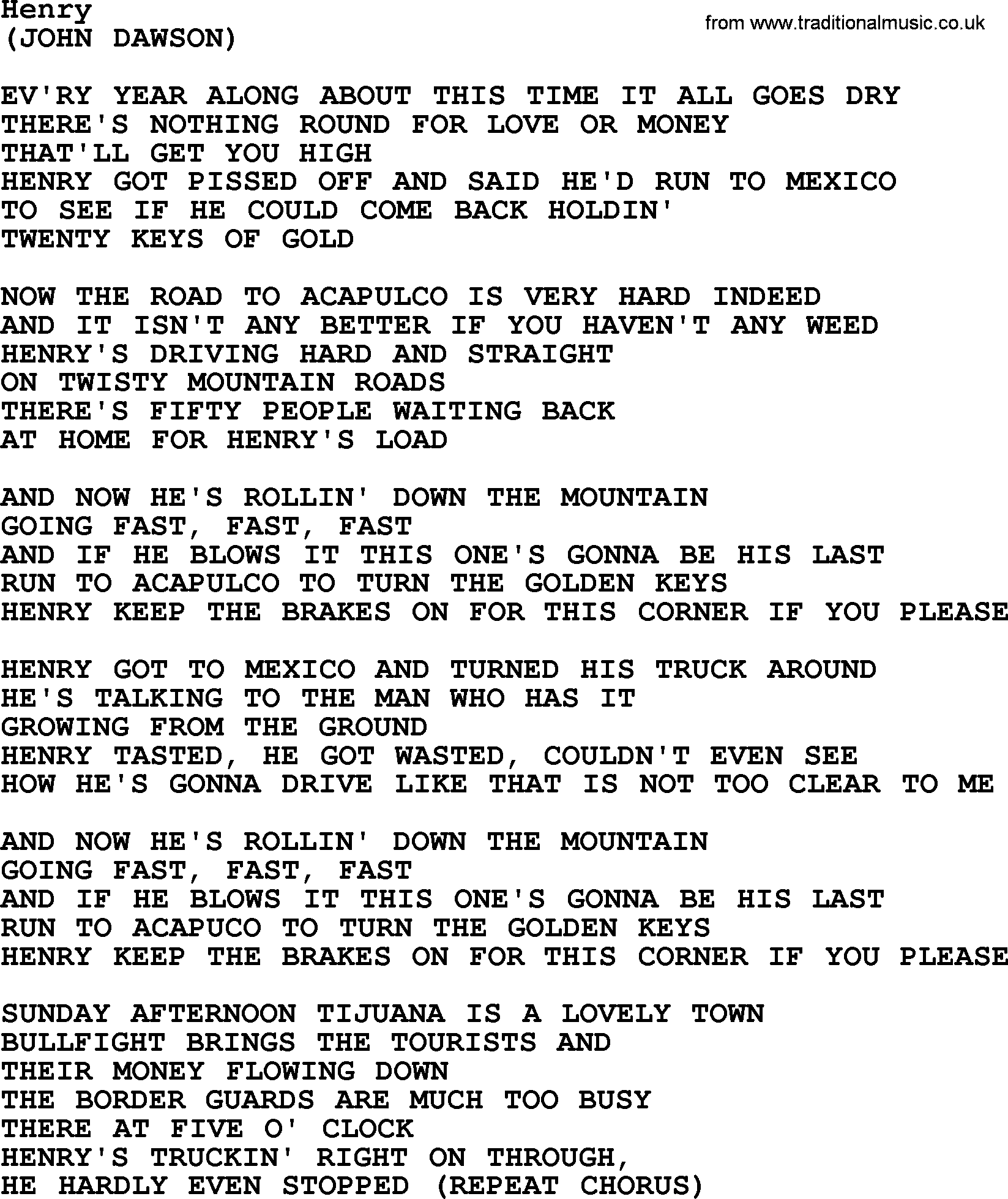 The Byrds song Henry, lyrics