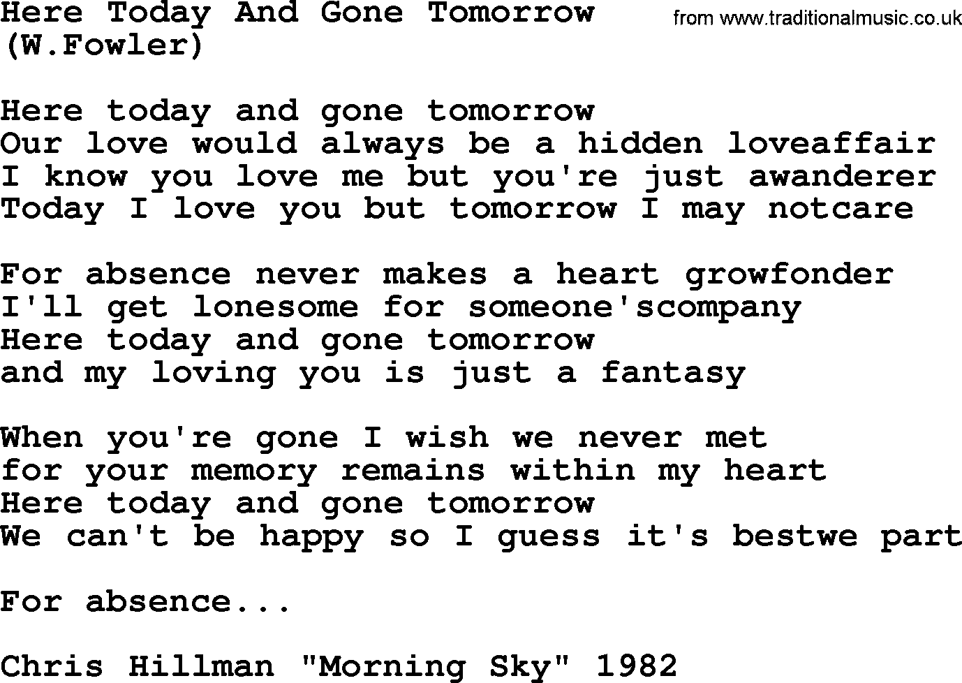 The Byrds song Here Today And Gone Tomorrow, lyrics