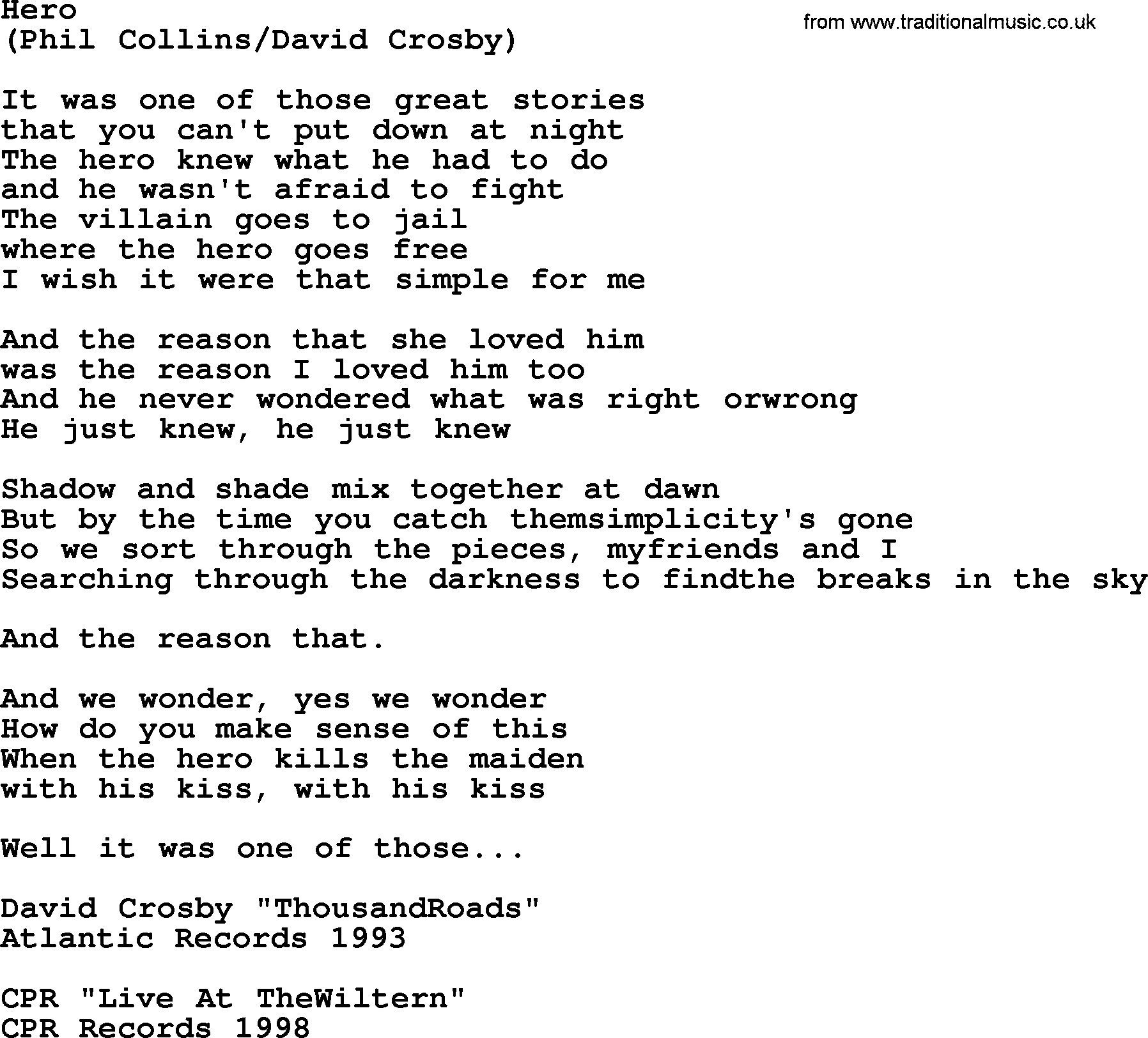The Byrds song Hero, lyrics