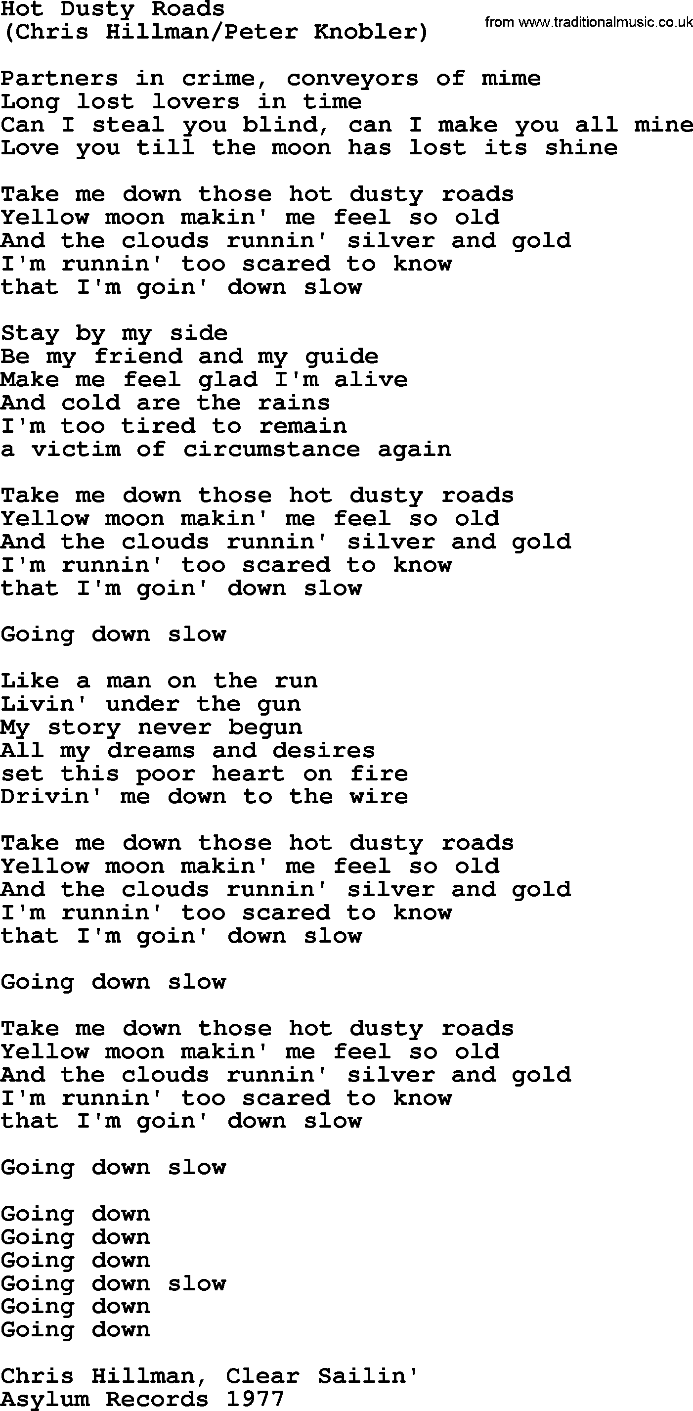 The Byrds song Hot Dusty Roads, lyrics