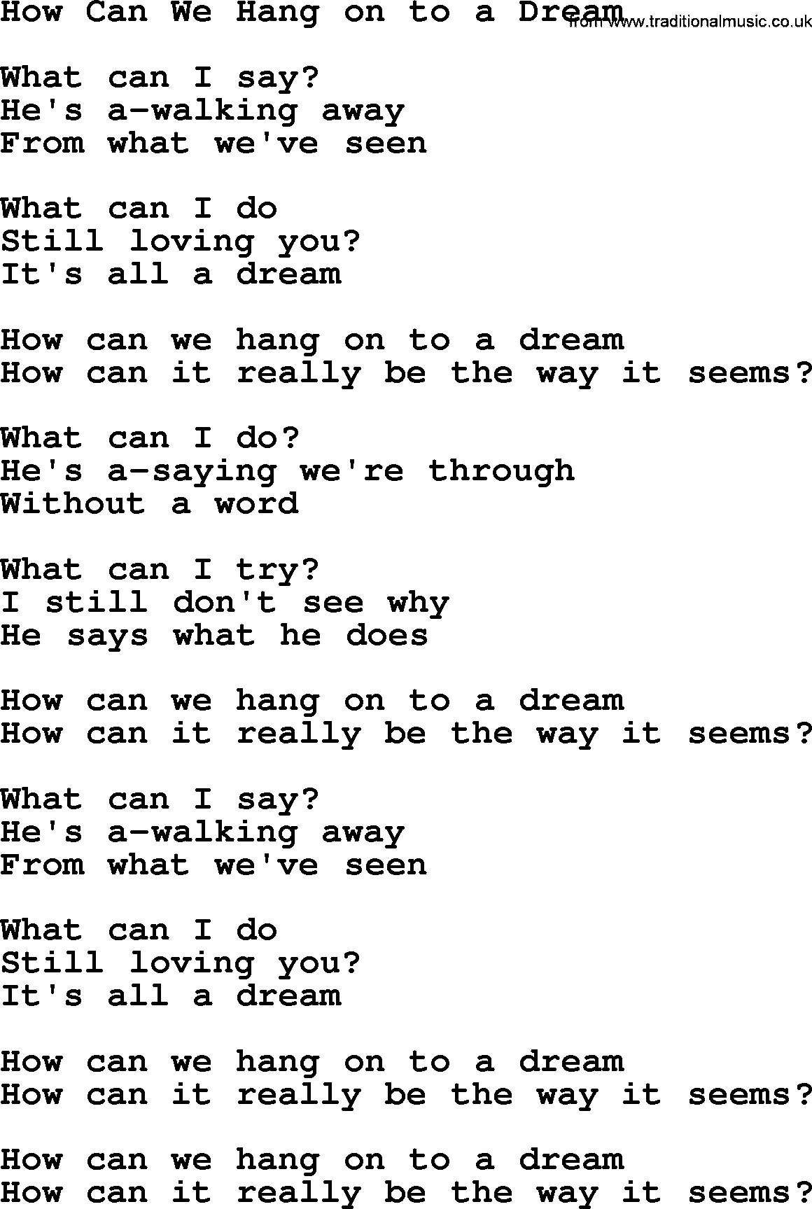 The Byrds song How Can We Hang On To A Dream, lyrics