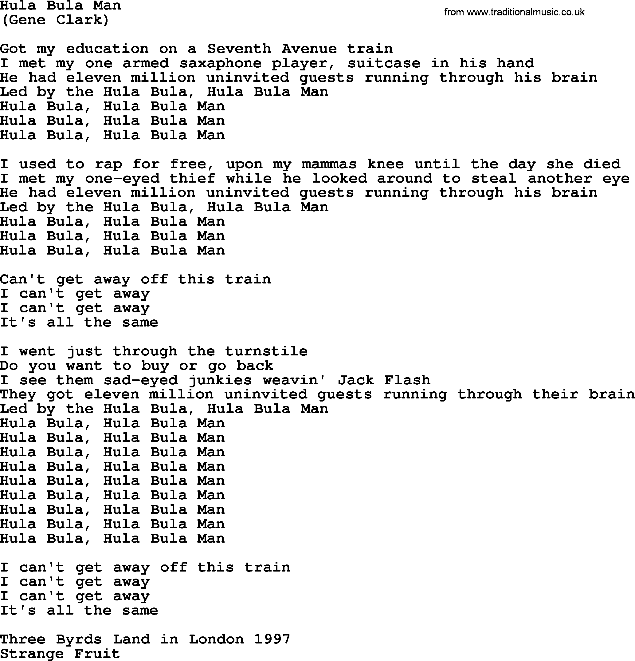 The Byrds song Hula Bula Man, lyrics