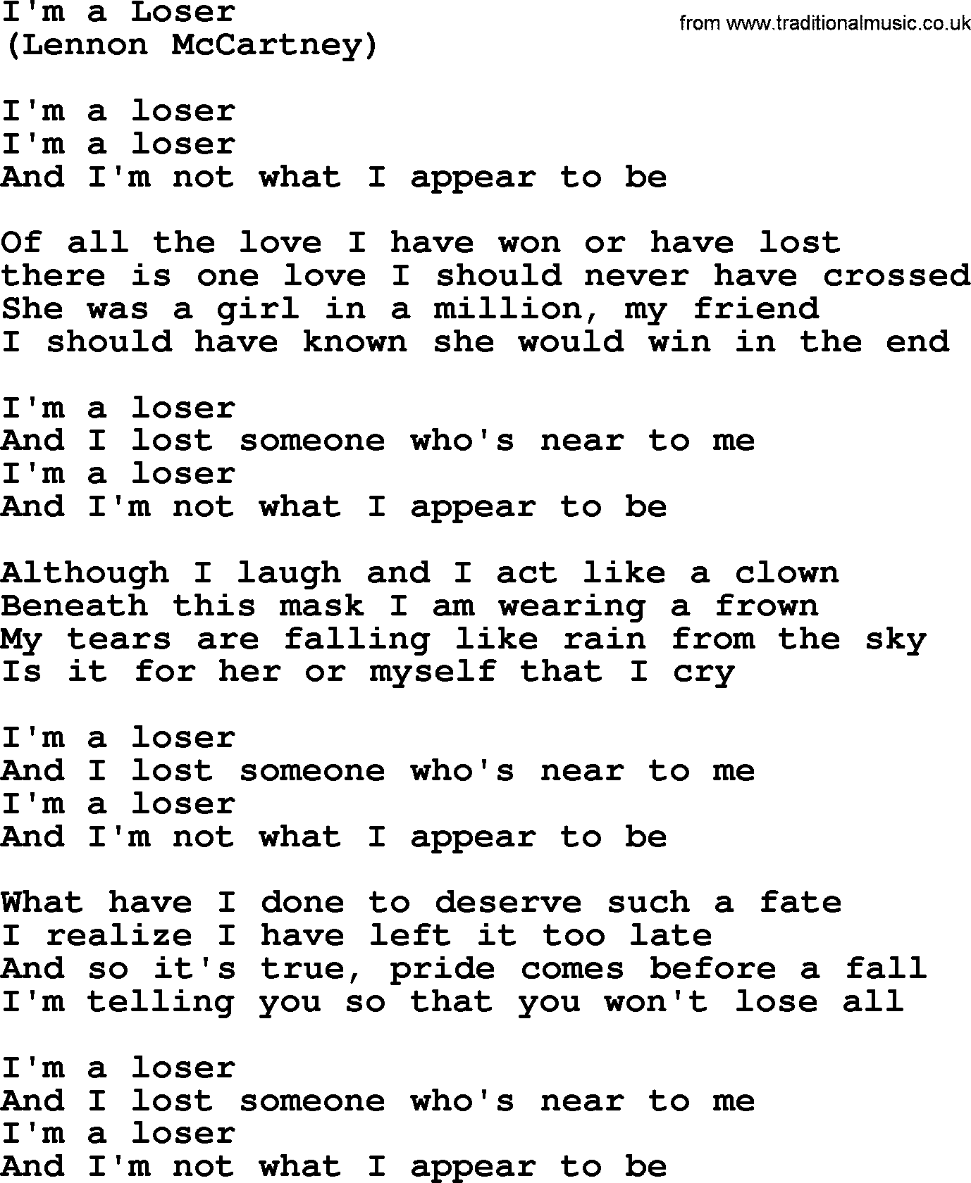 The Byrds song I'm A Loser, lyrics