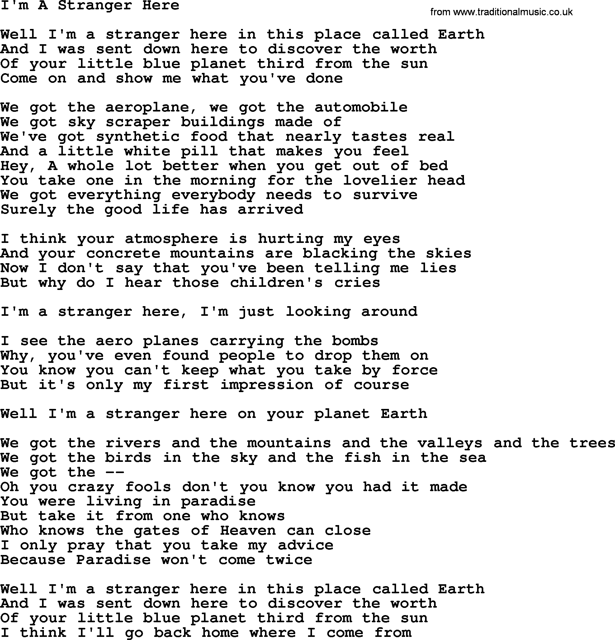 The Byrds song I'm A Stranger Here, lyrics