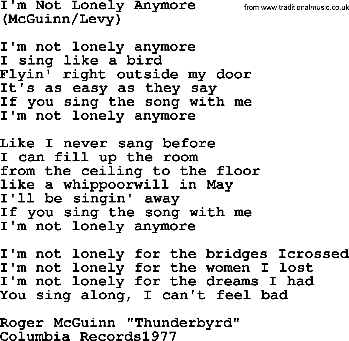 The Byrds song I'm Not Lonely Anymore, lyrics