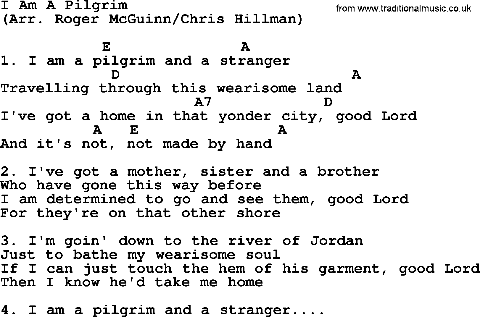 The Byrds song I Am A Pilgrim, lyrics and chords