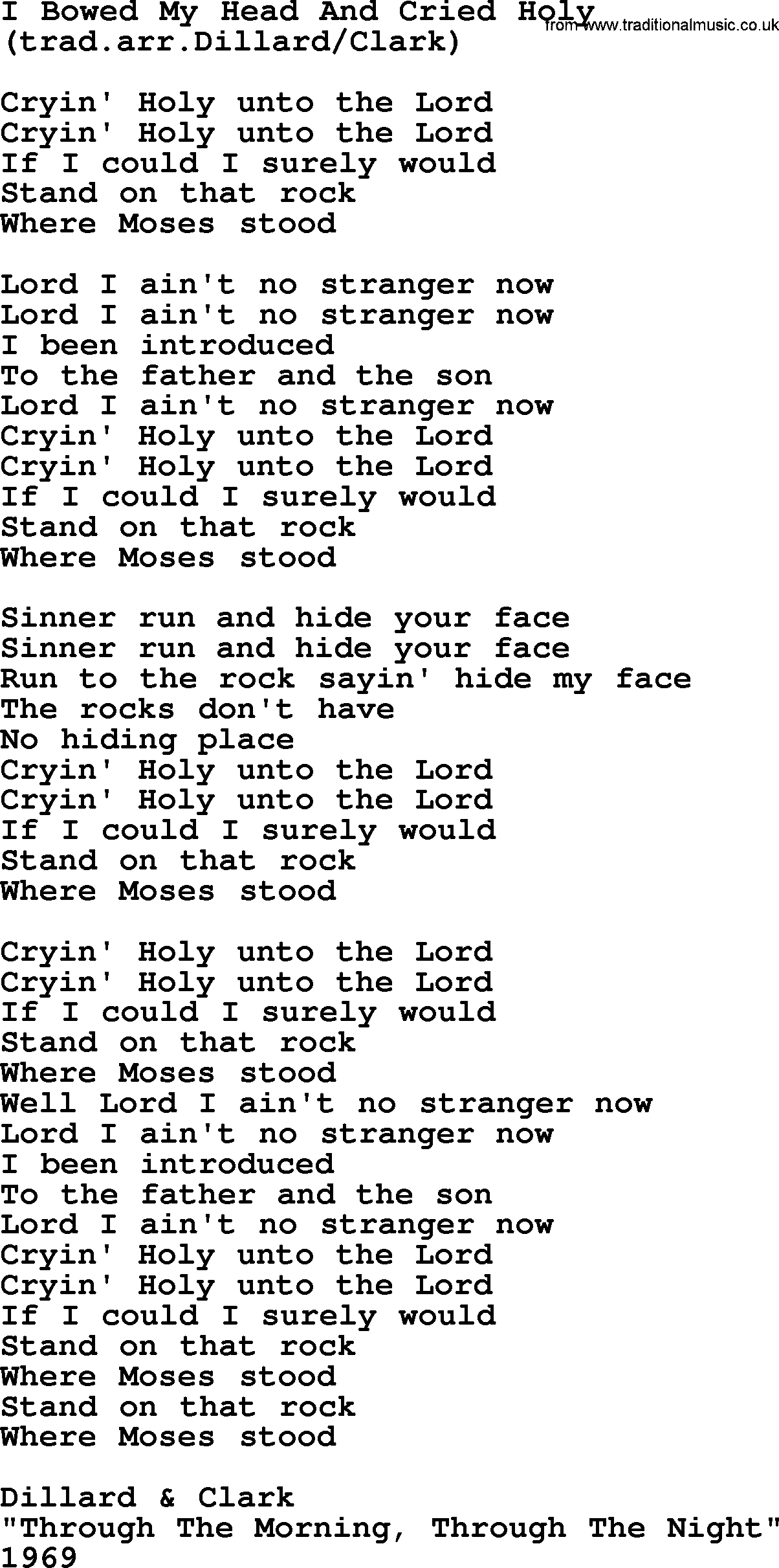 The Byrds song I Bowed My Head And Cried Holy, lyrics