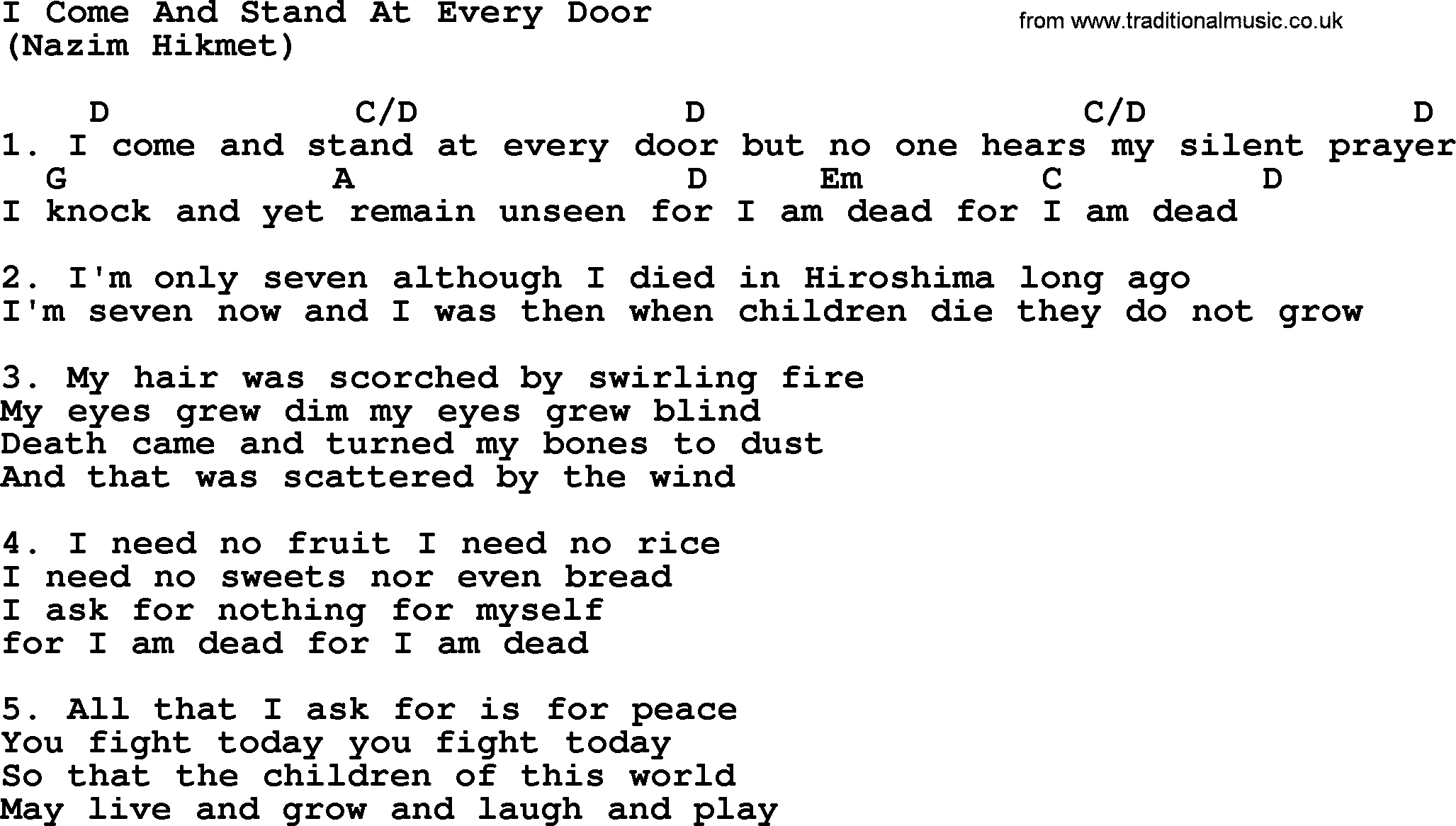 The Byrds song I Come And Stand At Every Door, lyrics and chords