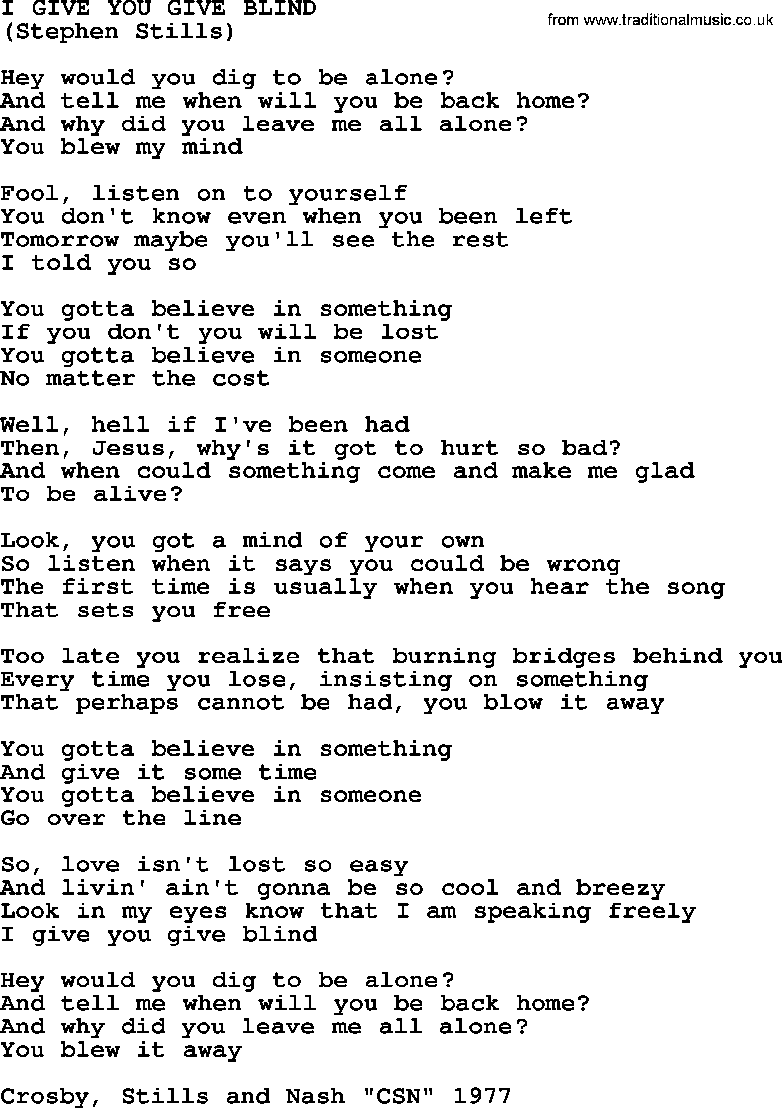 The Byrds song I Give You Give Blind, lyrics
