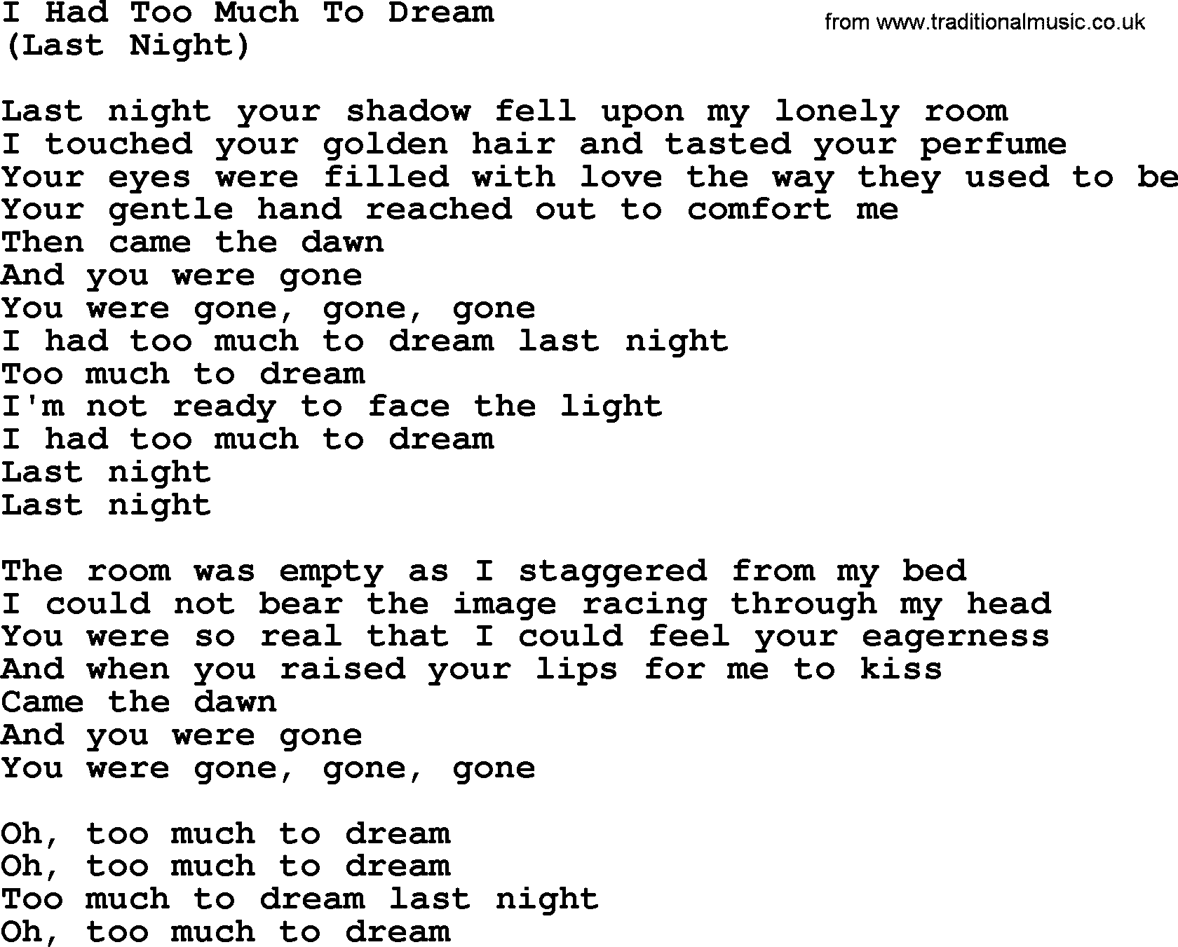 The Byrds song I Had Too Much To Dream, lyrics