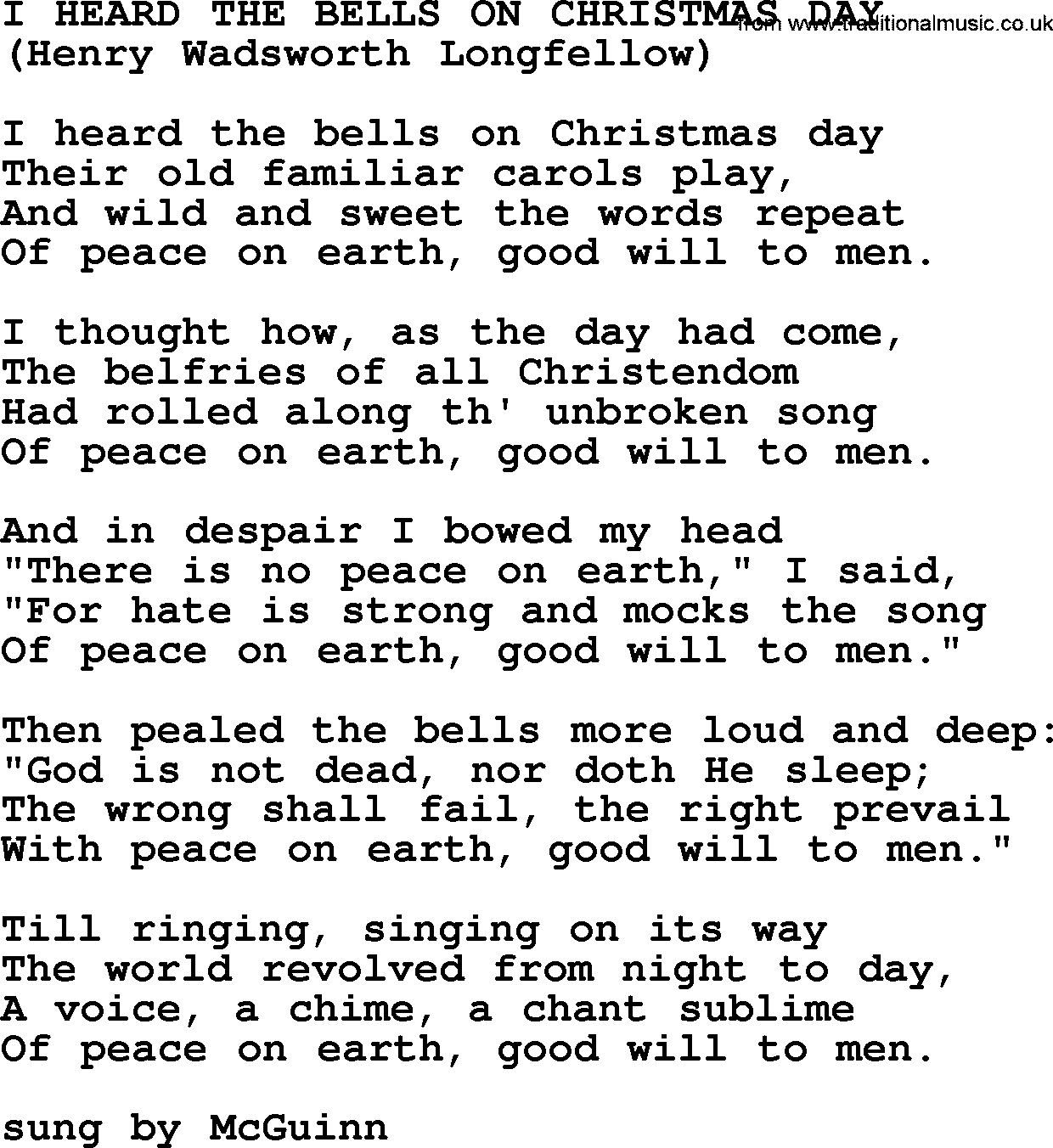 The Byrds song I Heard The Bells On Christmas Day, lyrics