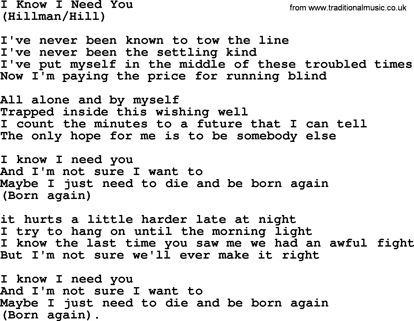 The Byrds song I Know I Need You, lyrics