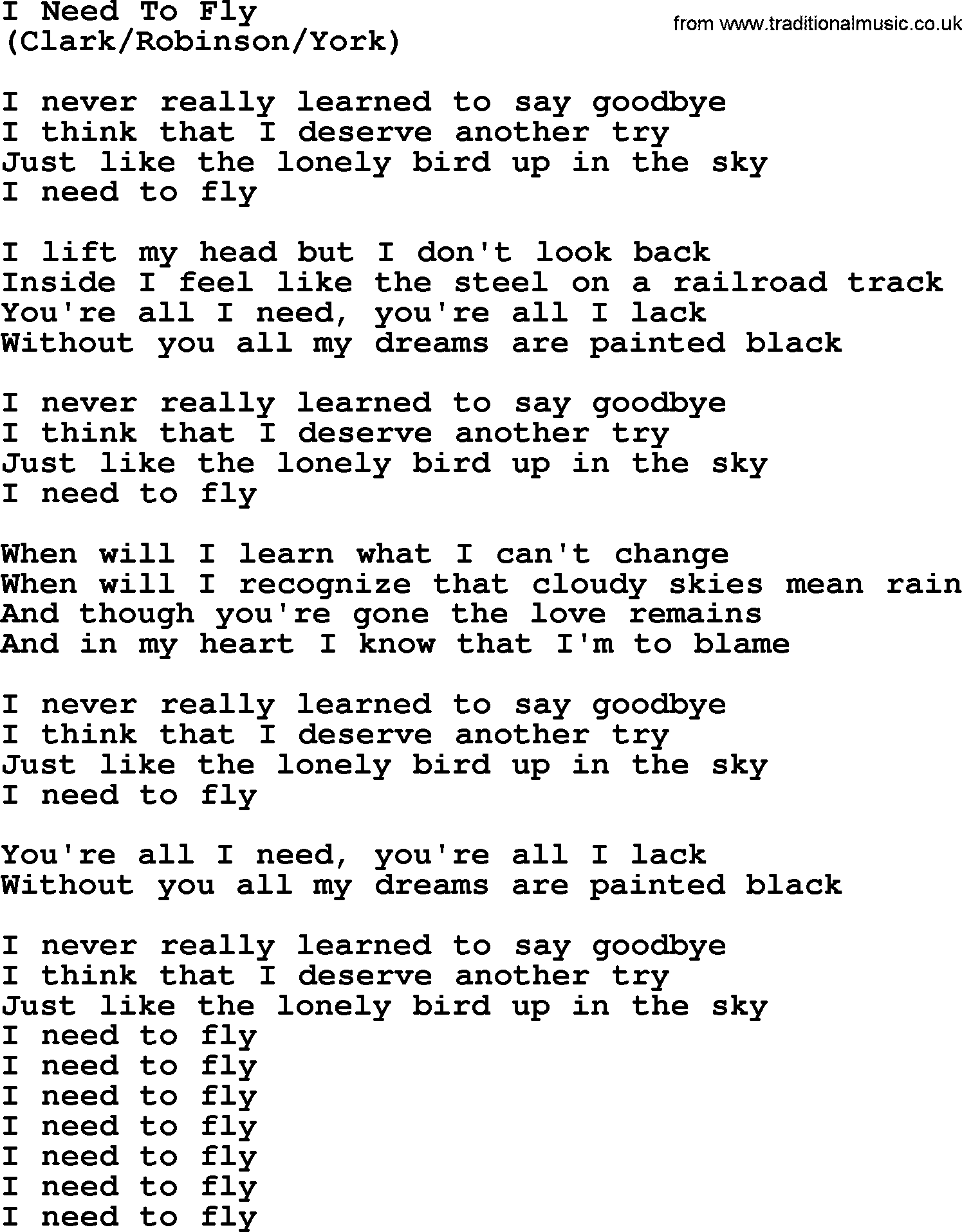 The Byrds song I Need To Fly, lyrics