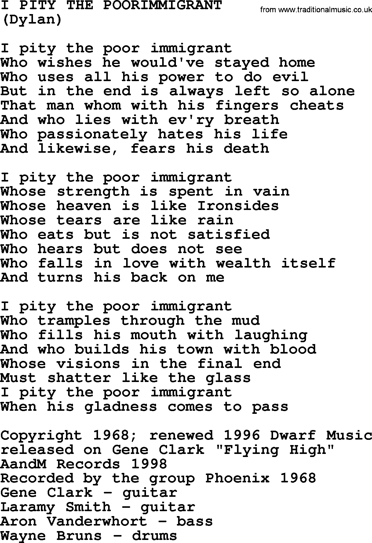 The Byrds song I Pity The Poorimmigrant, lyrics